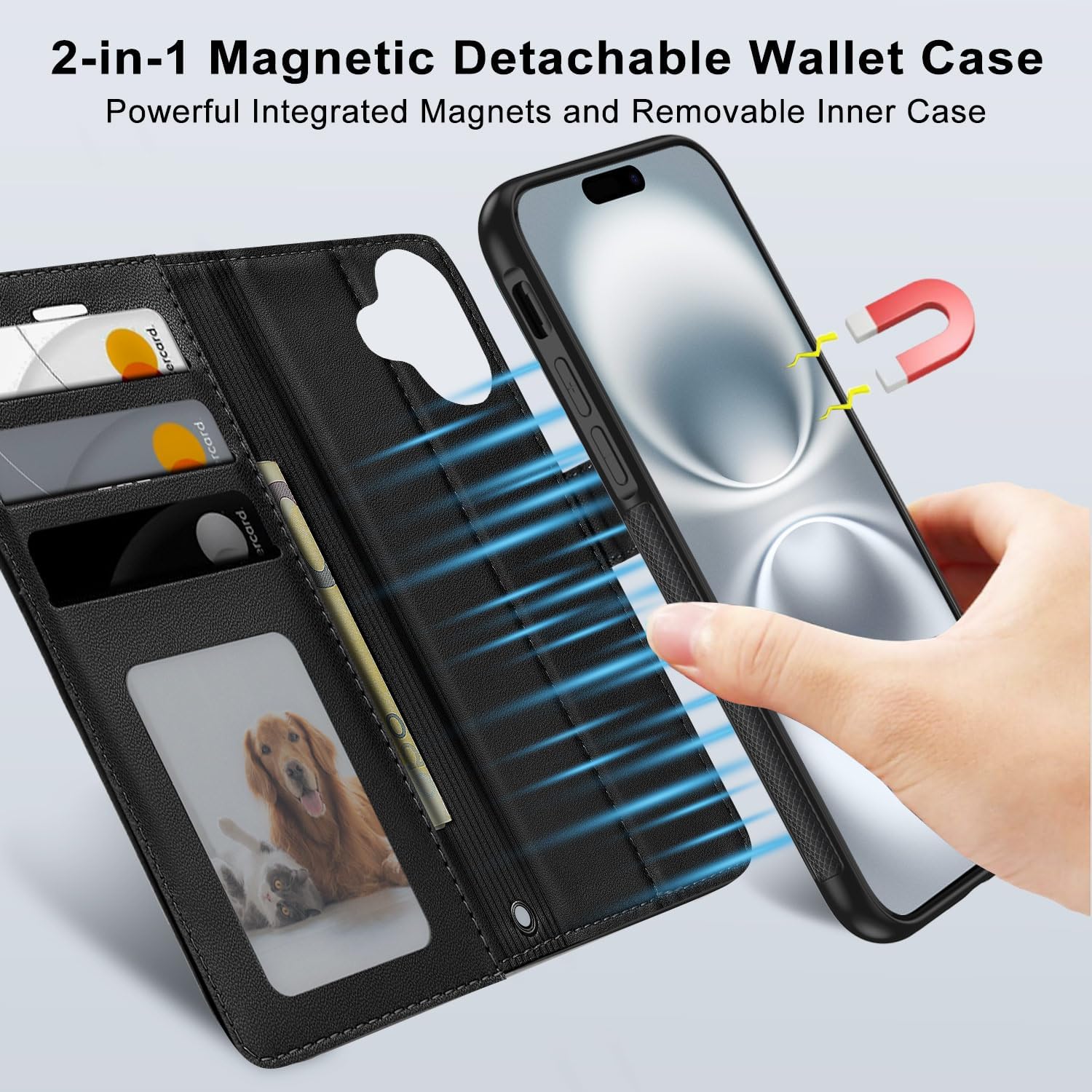 Detalle de XTCASE Magnétique Coque 2 en 1 pour iPhone 16 – Porte-feuille PU Noir avec MagSafe