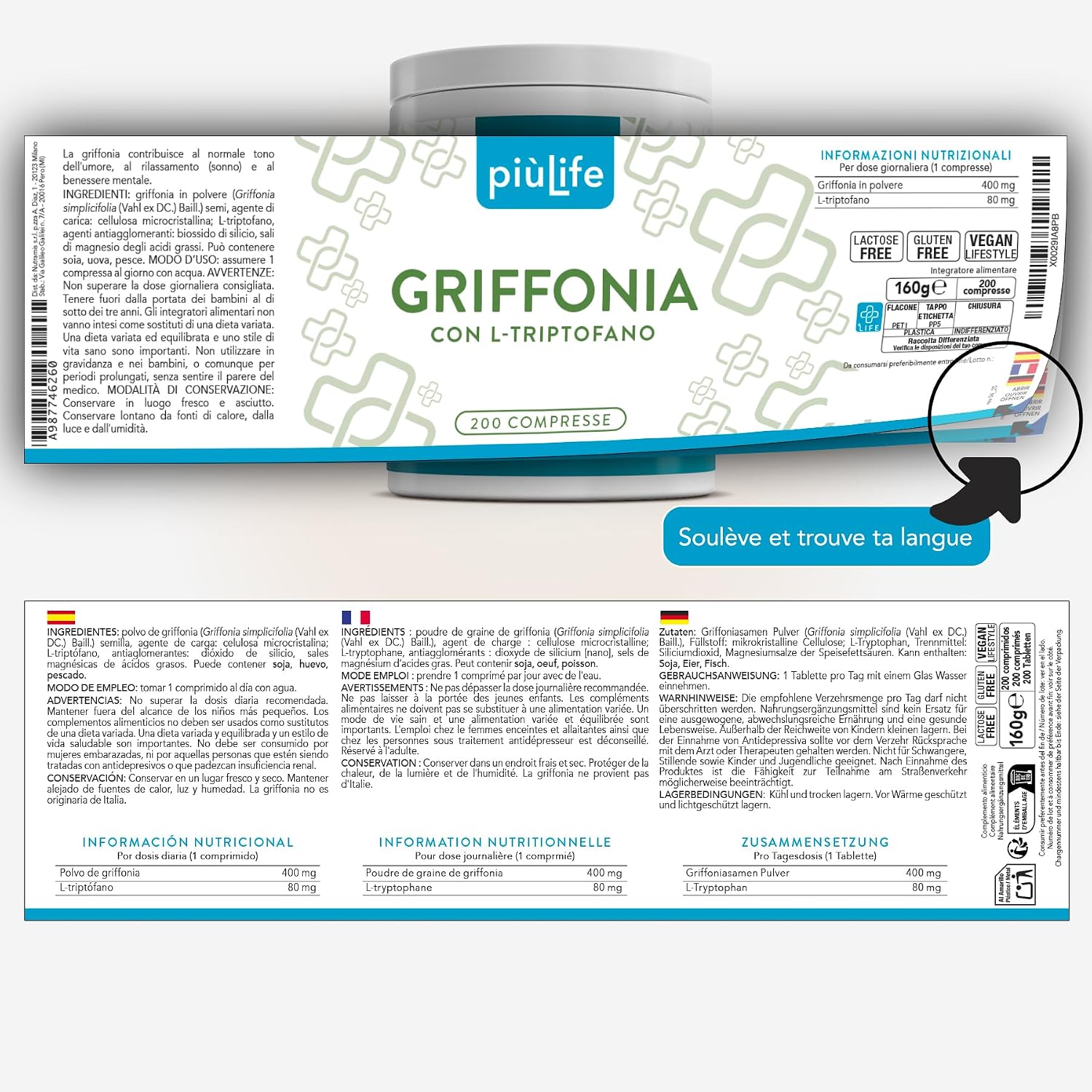 Thumbnail 6 de Griffonia Simplicifolia Tryptophane PiùLife 400 mg – extrait végétal source de tryptophane