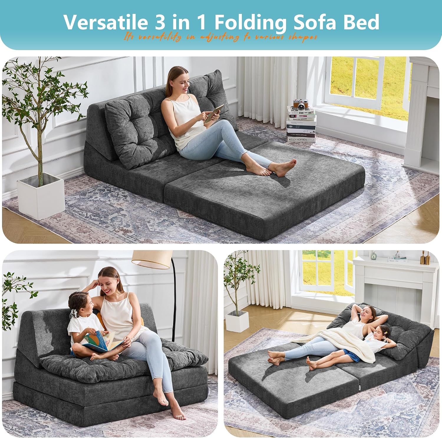 Thumbnail 3 de Hobestluk NEW096 Folding Sofa Bed, Graphite Chenille Floor Lounger