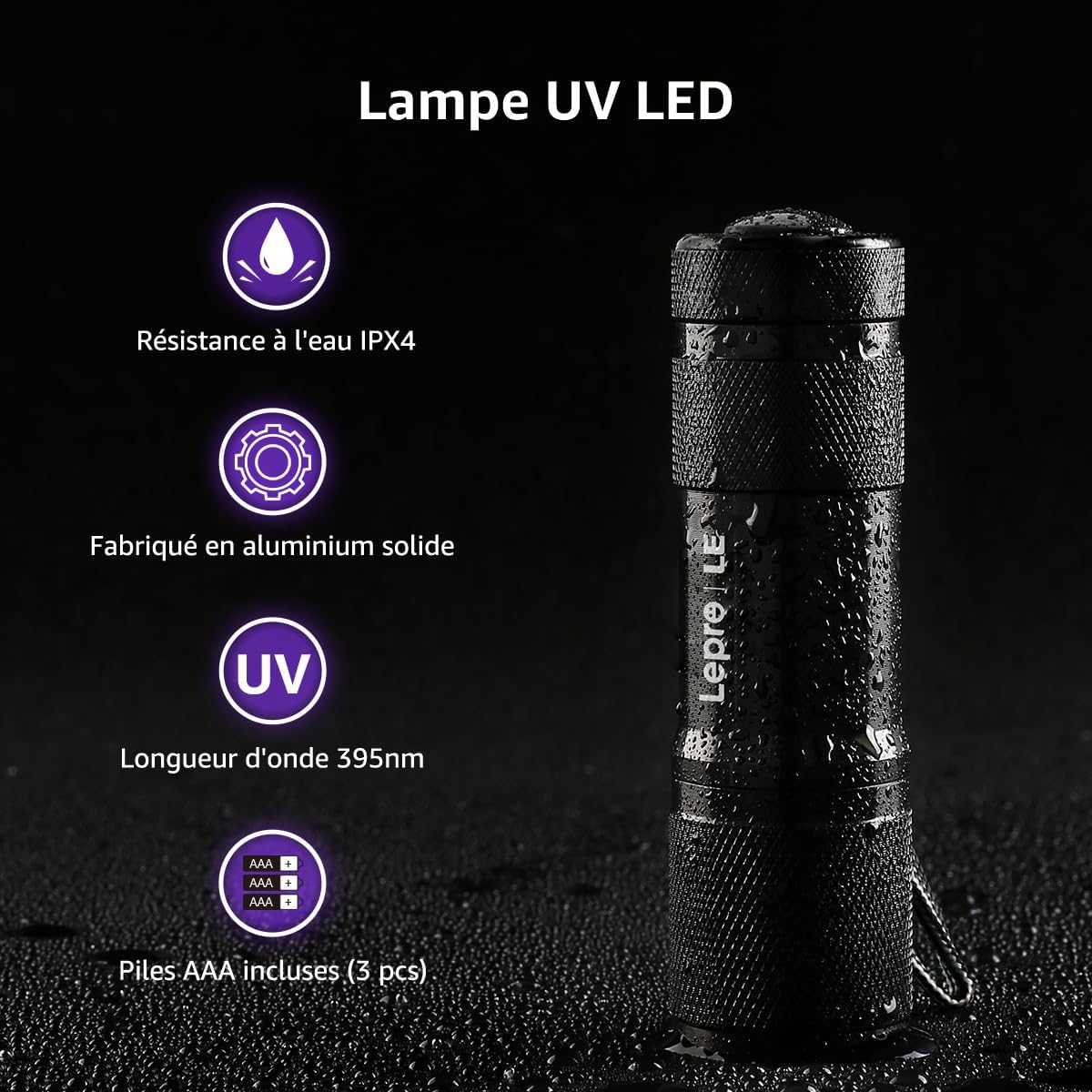 Thumbnail 4 de Lighting EVER Lepro Lampe UV 395 nm – Lampe torche noire 6 piles AAA incluses (Lot de 2)