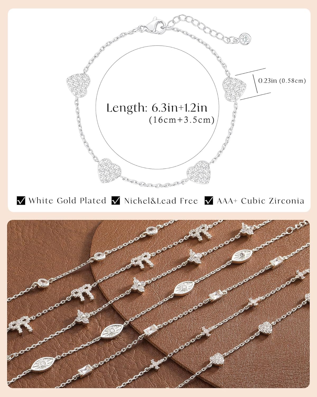 Thumbnail 5 de Bracelet femme ZHESHY réglable en argent 925 et plaqué or 14k, trèfle à 4 feuilles, croix et cœur en zircon