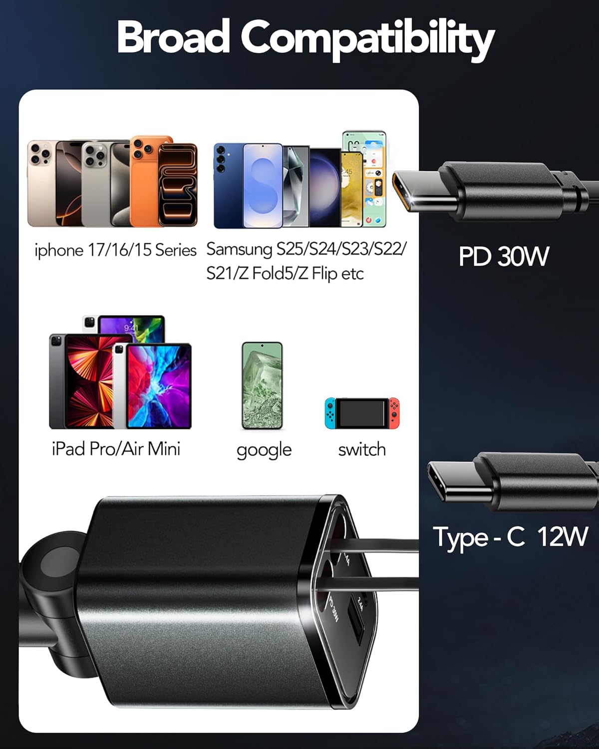 Thumbnail 5 de COCIVIVRE 4 in 1 Auto Ladegerät – ausziehbares USB Schnellladegerät für Zigarettenanzünder, kompatibel mit iPhone, Galaxy, Pixel & mehr