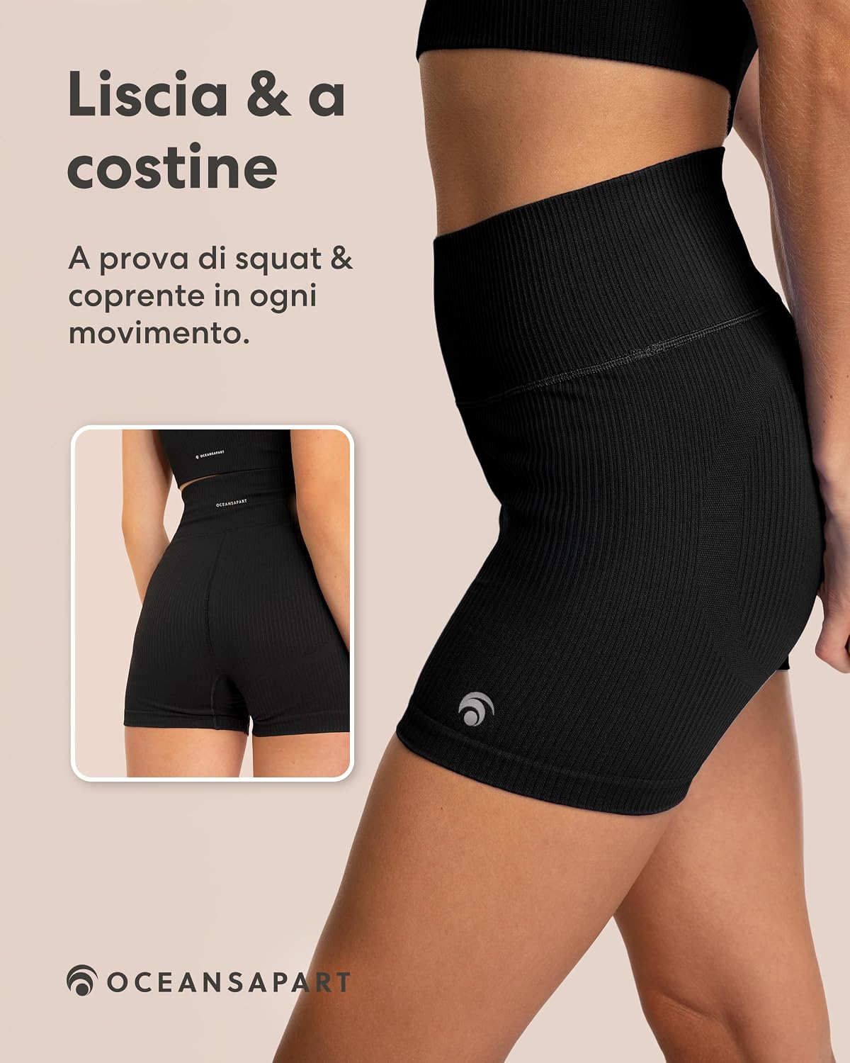 Detalle 2 de OCEANSAPART Maya: Pantaloncini da ciclismo da donna a costine, vita alta, tessuto riciclato
