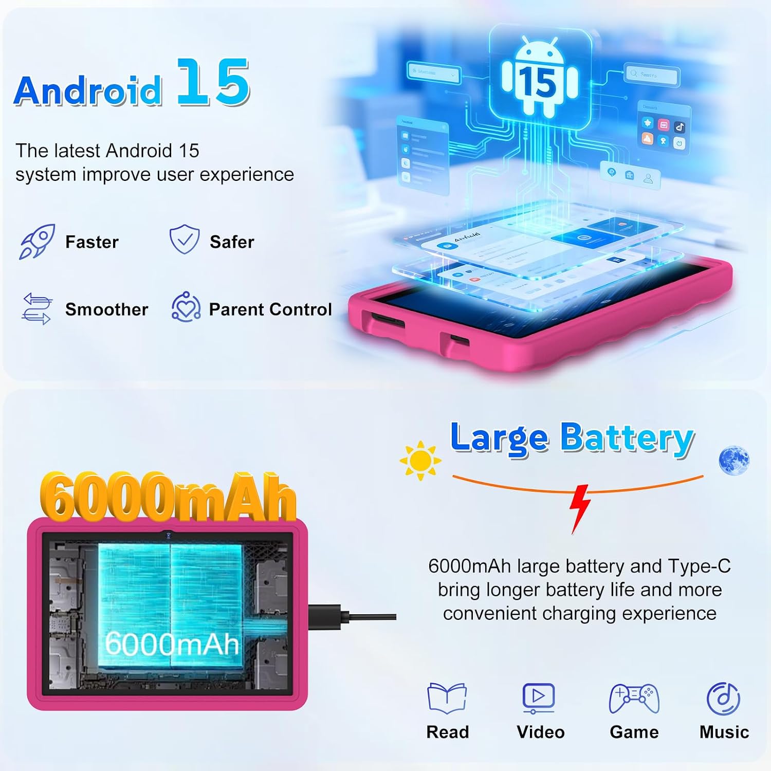 Detalle de DMOAO Tablet Bambini 10" - Android 15, 30 GB RAM, 64 GB ROM + espansione TF 2TB, custodia EVA e supporto 360°