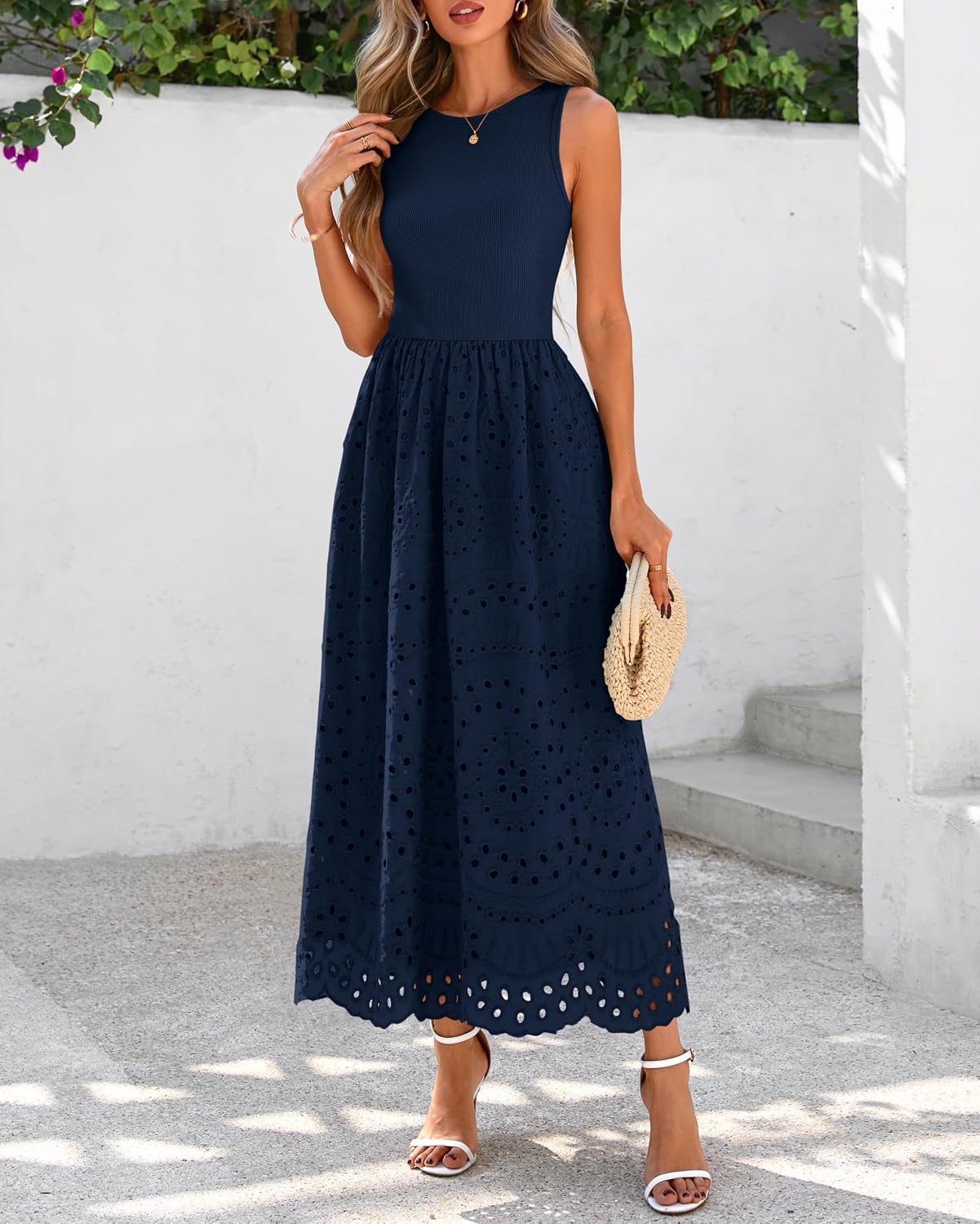 Detalle de Dowerme Women Summer Dress 2026 Maxi Boho Lace Eyelet Cotton with Pockets