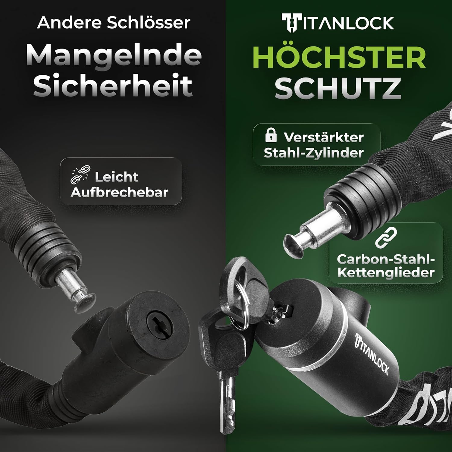 Detalle de TITANLOCK Fahrrad-Kettenschloss mit Reflektionsschutz (Sicherheitsstufe 7/10) – leicht transportierbar & rostfrei