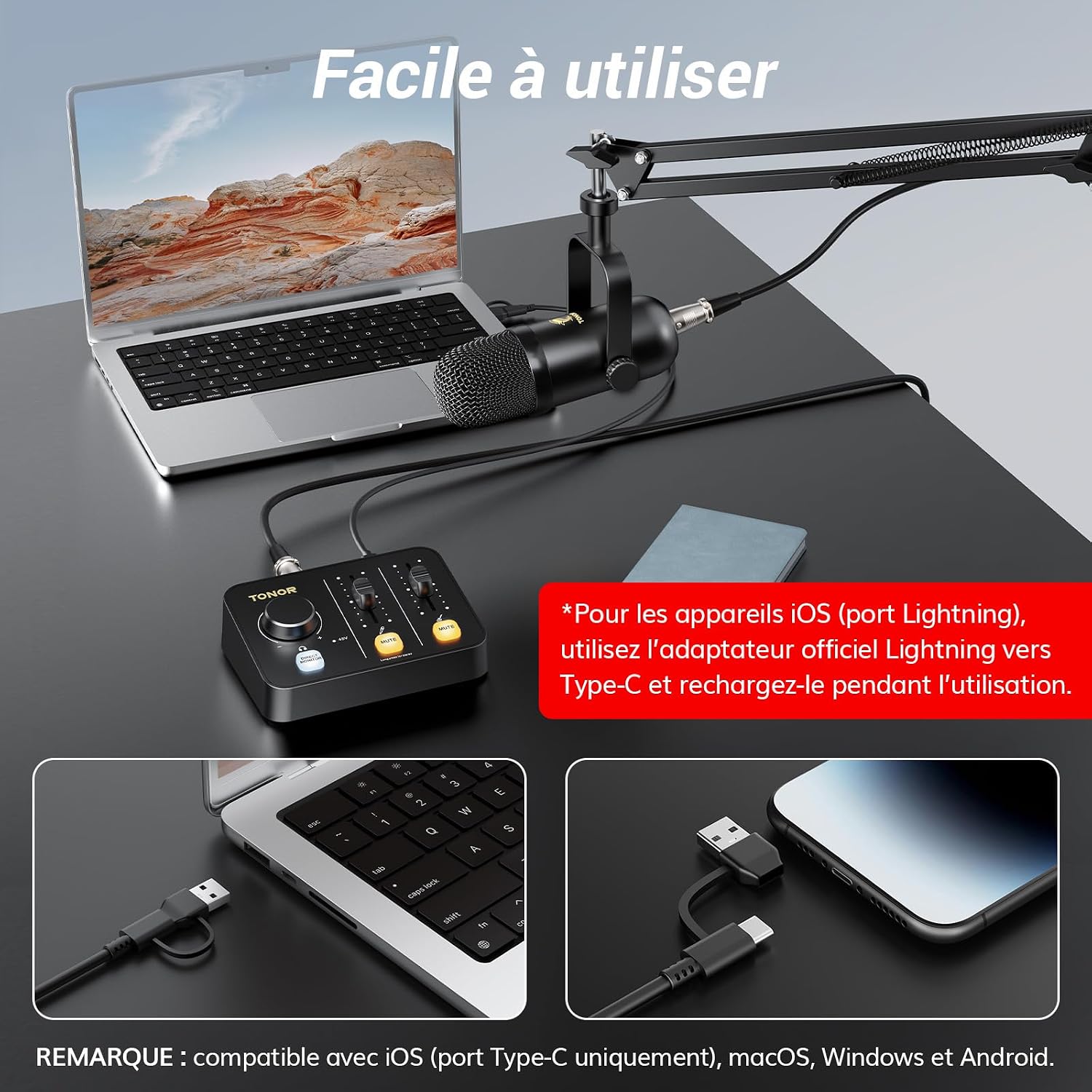 Detalle 2 de TONOR POD 1 podcastset met XLR-microfoon, audiomixer en microfoonarm