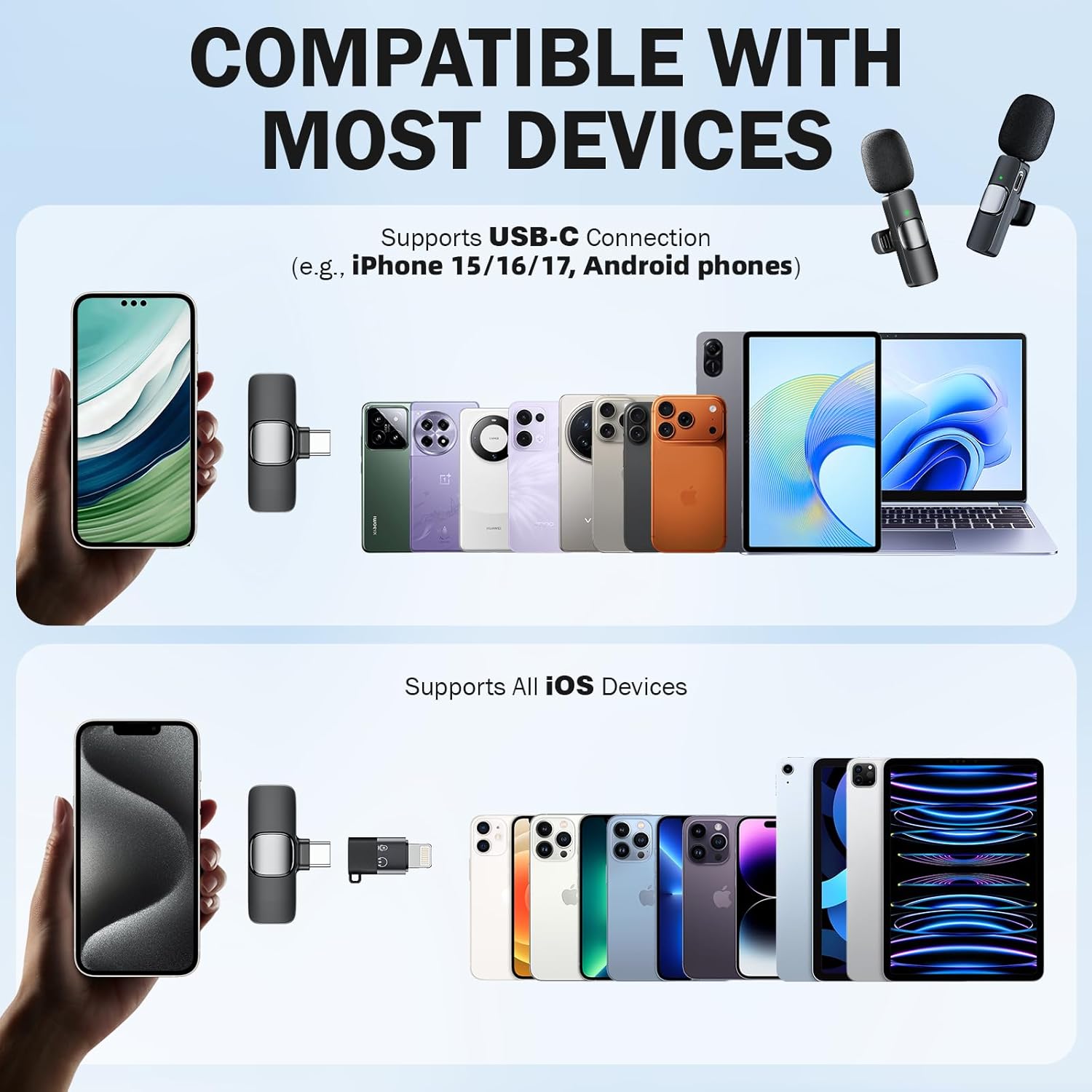 Thumbnail 1 de Micrófono Inalámbrico Solapa para iPhone iPad Android Ordenador, Mini Microfono Inalambrico para Movil,Micrófono Lavalier Inalámbrico Plug-Play Inalambrico, para Grabación de Vídeo, Vlogging, Tiktok