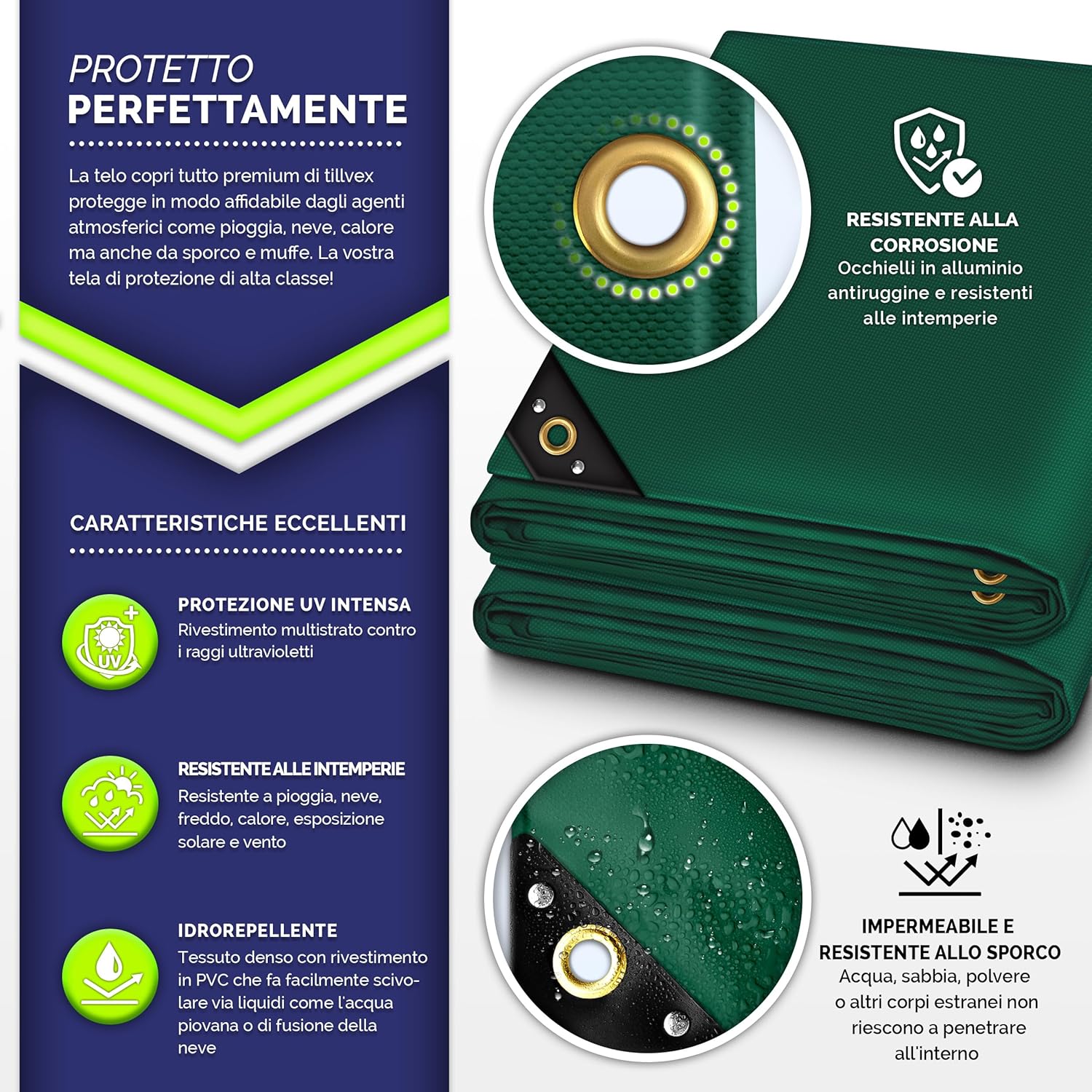 Thumbnail 1 de tillvex® Telone di copertura premium con occhielli e 10 elastici + corda da 15 m, PVC 650 g/m², impermeabile e antistrappo