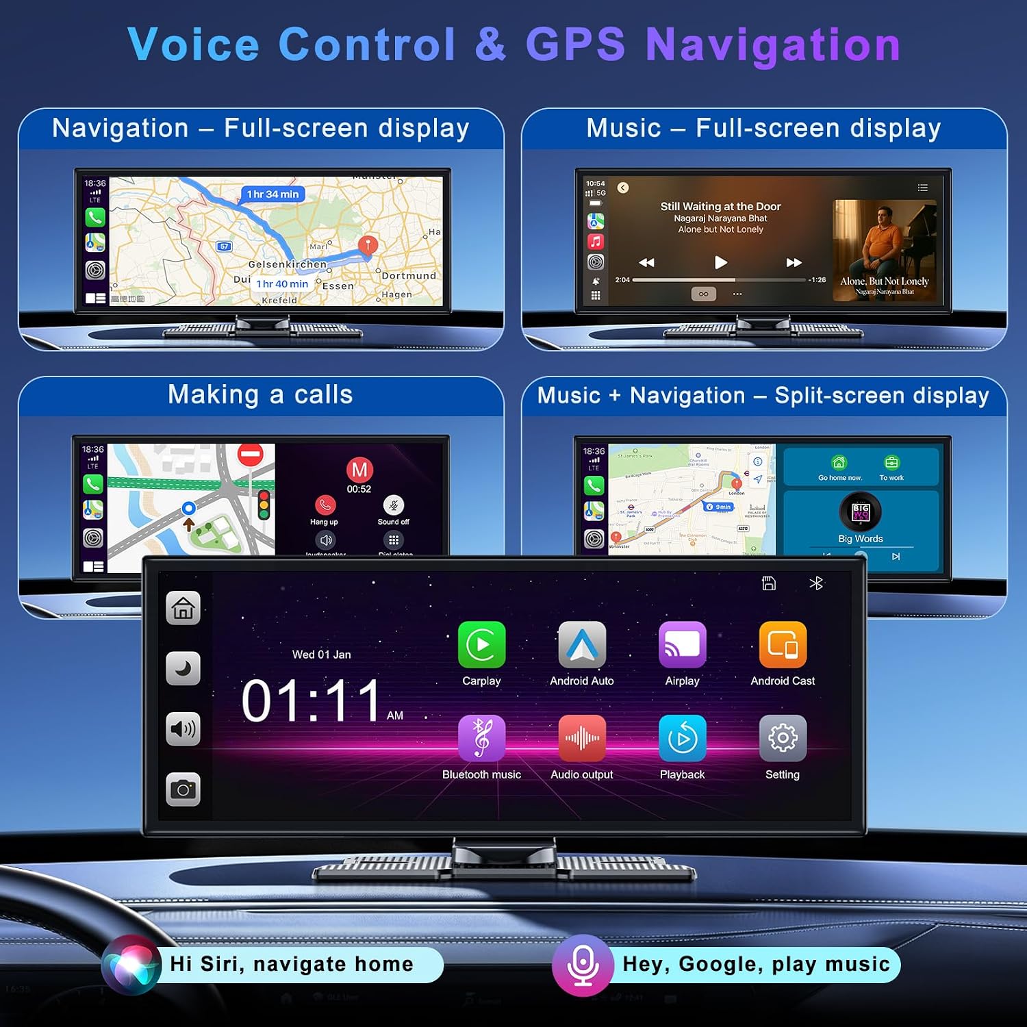 Thumbnail 6 de 11-inch Car Play Screen with Dash Cam Front & Rear: Wireless CarPlay/Android Auto, 2.5K Front + 1080P Rear Recording