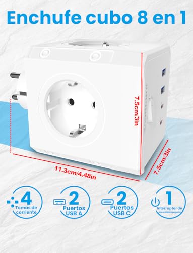 Thumbnail 1 de BURNNOVE Cubo Enchufe 8 en 1: cubo enchufe de pared con 4 tomas CA, 2 USB y USB-C