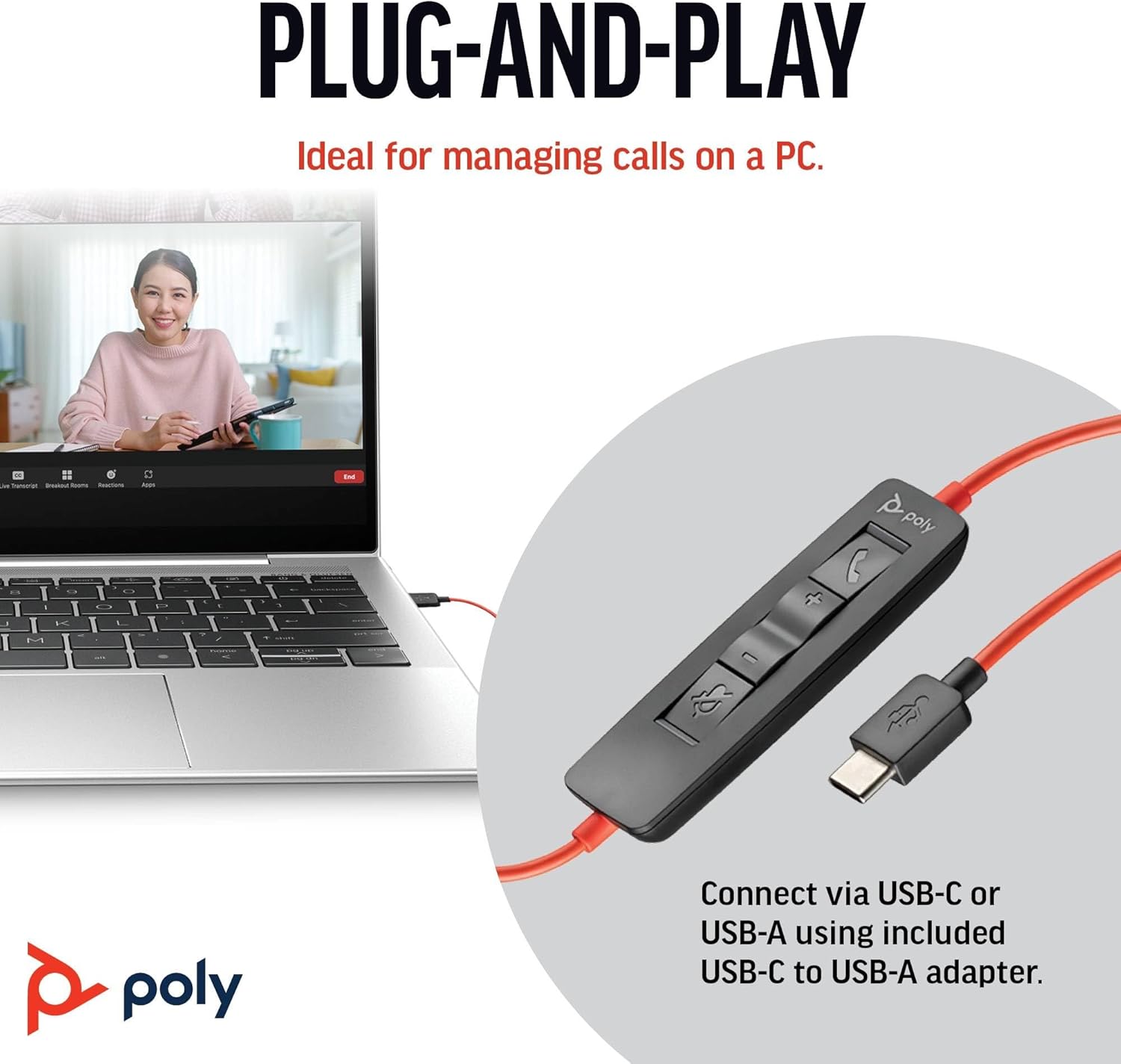 Thumbnail 2 de Poly Blackwire 3210 cuffie monoaurali cablate con USB-A/USB-C, riduzione rumore ed eco e comandi sul cavo (nero)