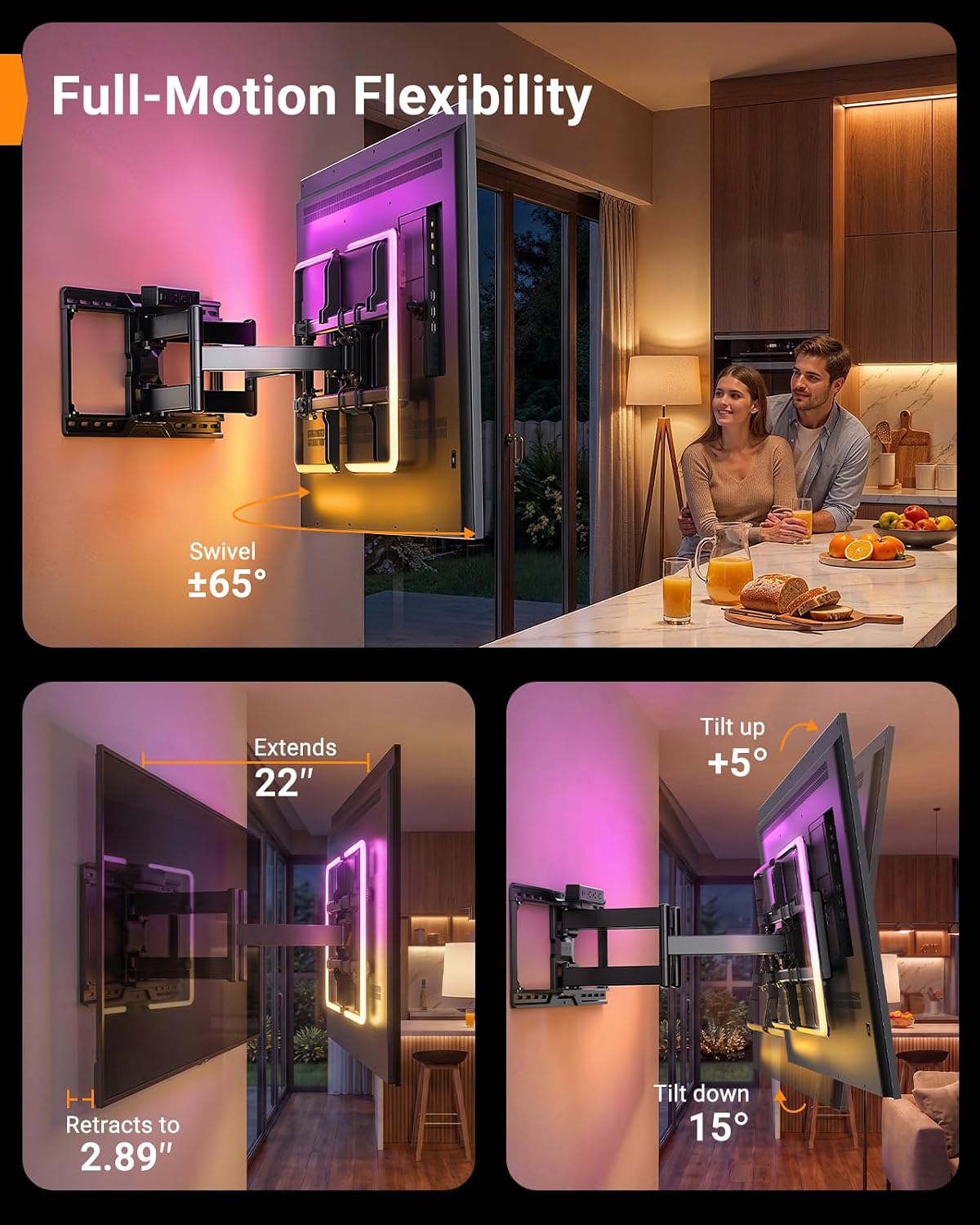 Thumbnail 6 de Perlegear PGTVM103B Full Motion TV Wall Mount with LED and Power Strip
