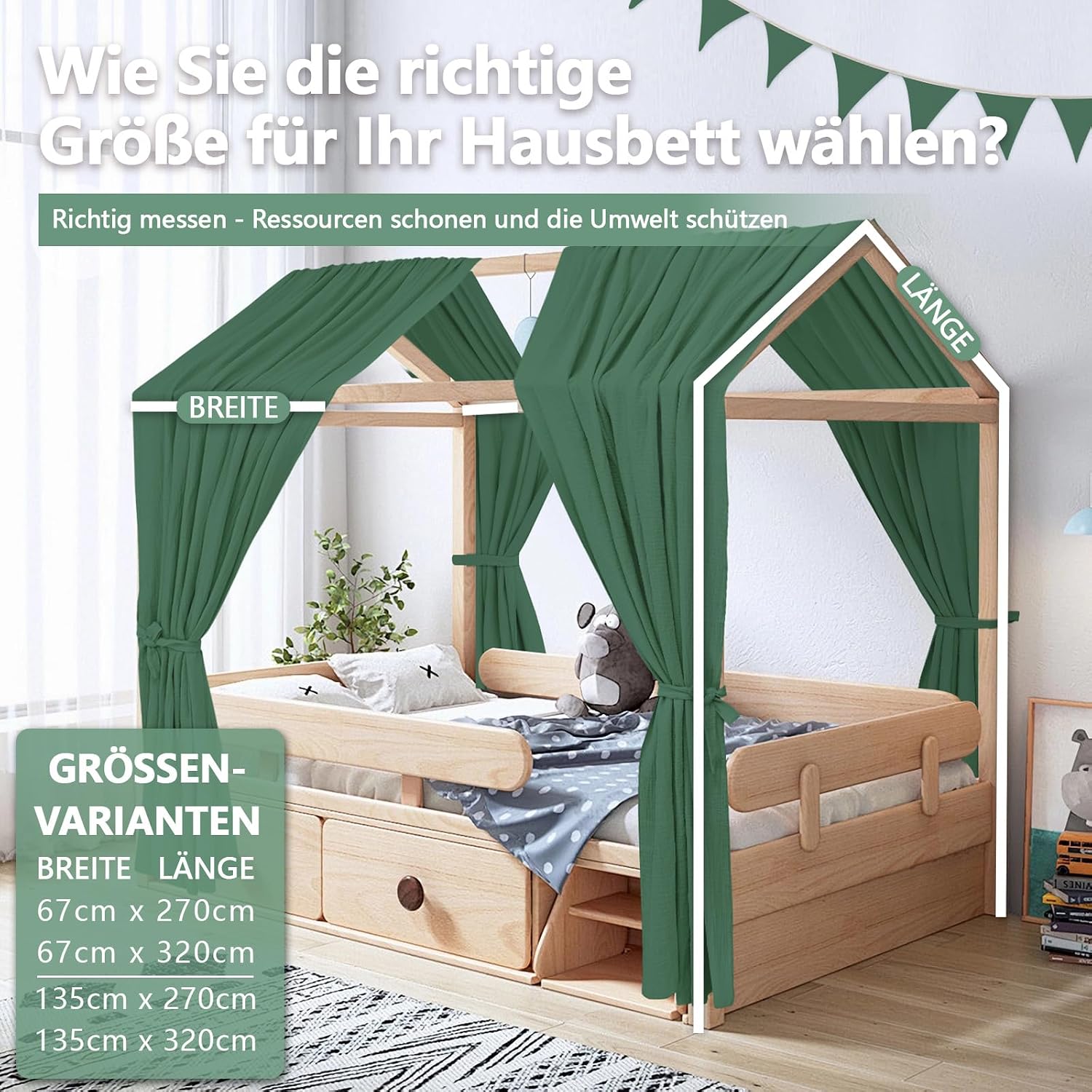 Thumbnail 5 de Alishomtll Hausbett Himmel Deko Set – 2 Betthimmel 135x320 cm, 100% Baumwoll-Musselin, Grün