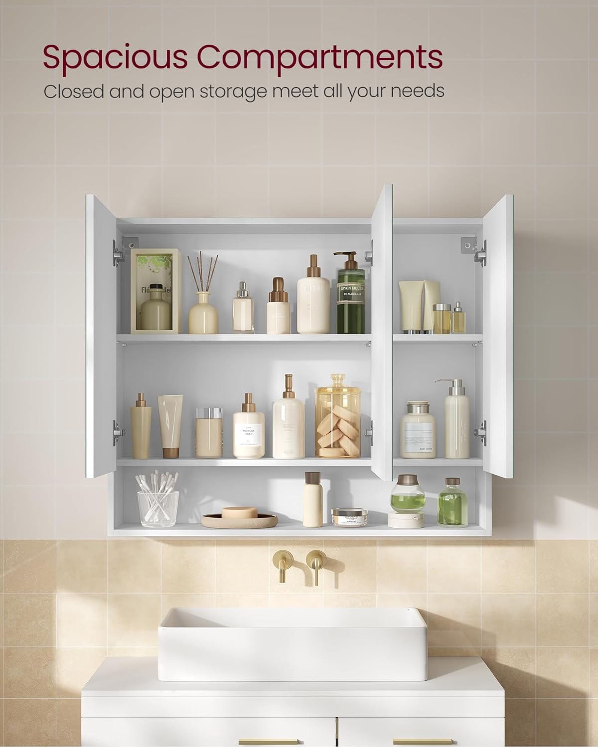 Detalle 1 de VASAGLE KAILYN BBK130W01 Bathroom Mirror Cabinet, 3 Mirrored Doors, Adjustable Shelves
