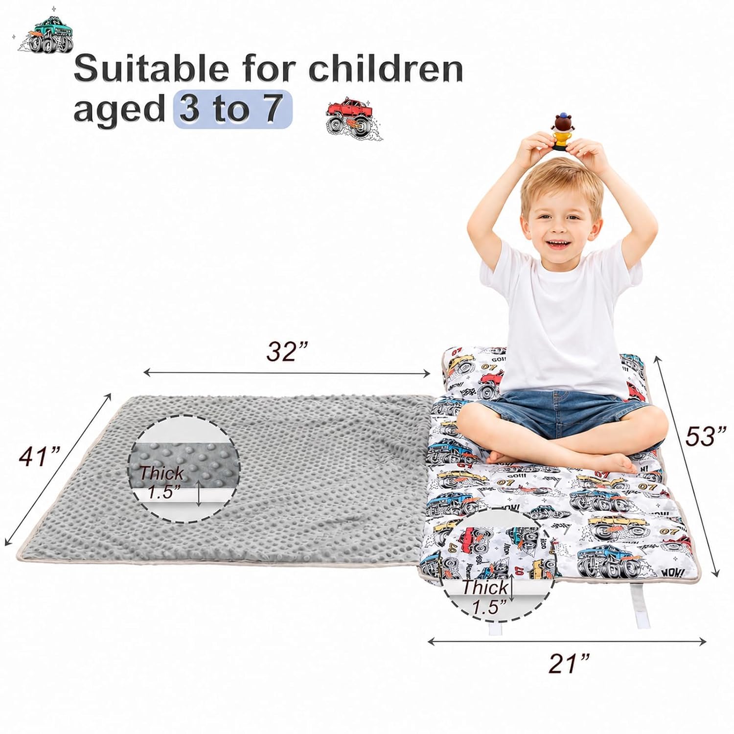 Detalle 1 de Viviland Monster Truck Toddler Nap Mat with Pillow and Minky Blanket