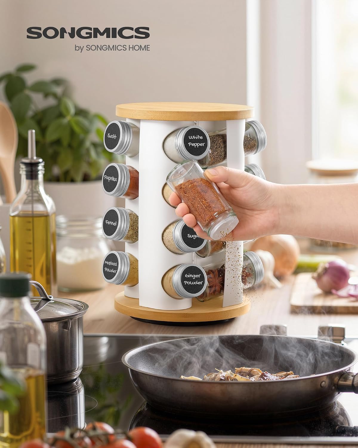 Detalle 2 de SONGMICS KCS256W101 Rotating Spice Rack, 16 Glass Jars, Bamboo and Matte White