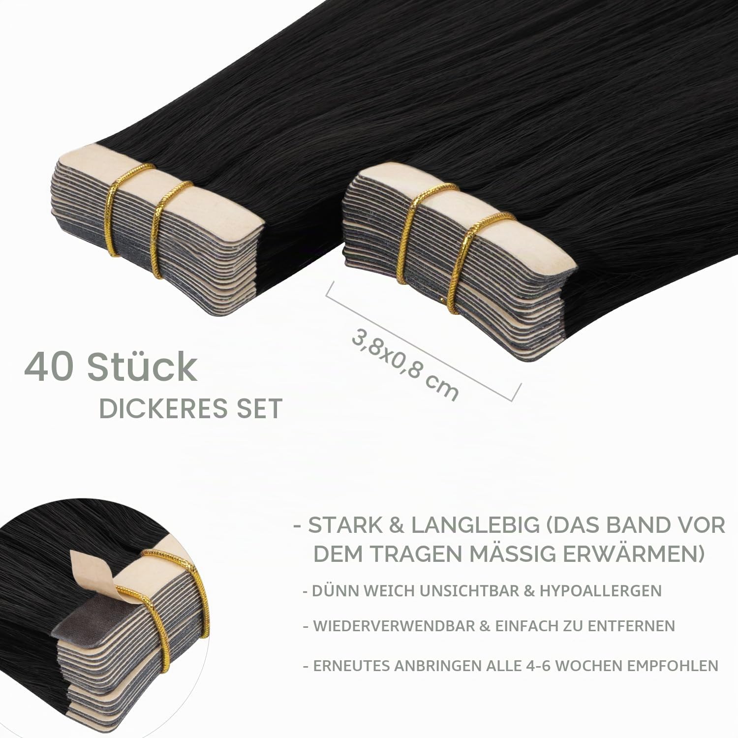 Detalle de WENNALIFE Tape Extensions Echthaar – Tiefschwarz, 40 Stück, 30 cm