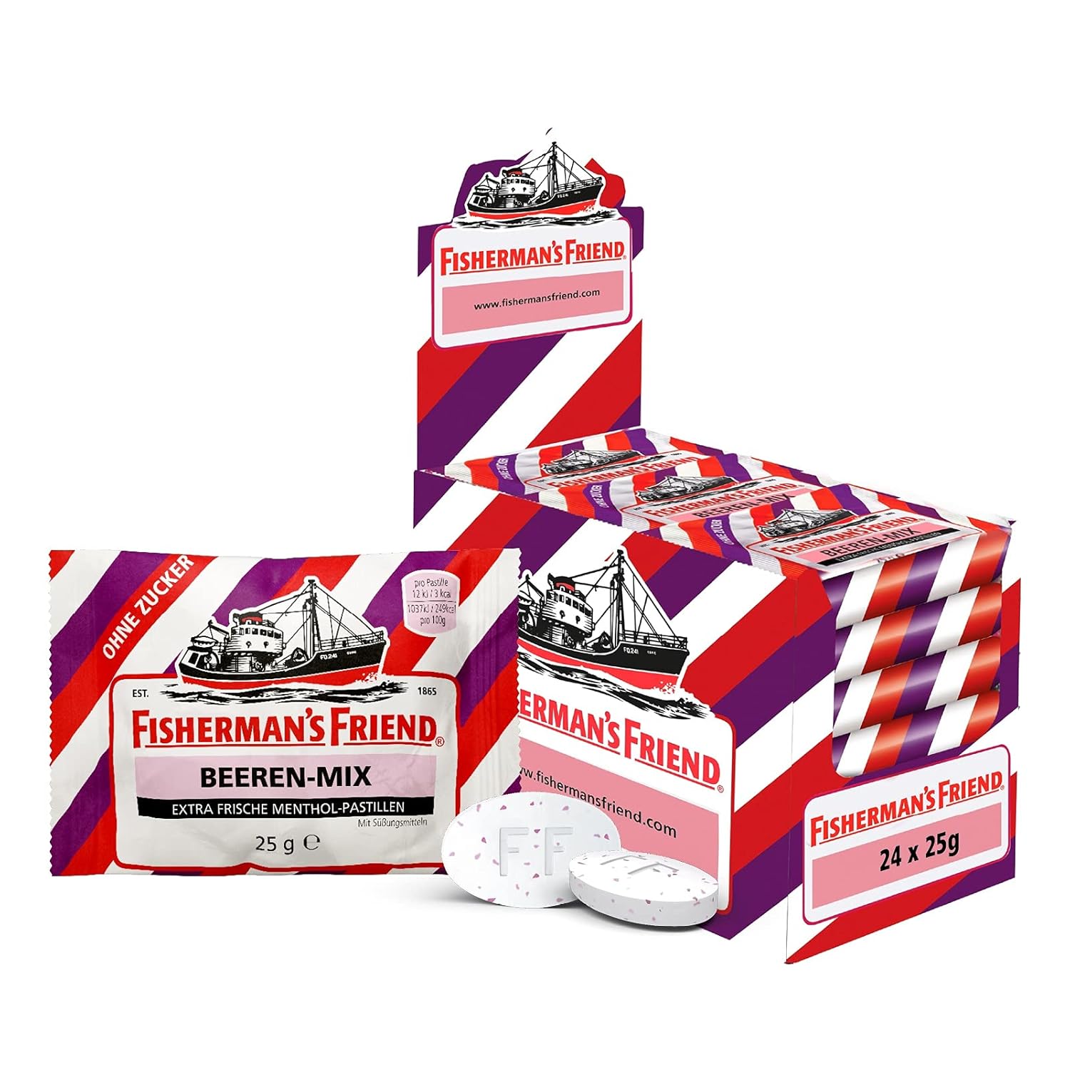 Detalle de Fisherman’s Friend Beeren Mix – 24er Vorratsbox, zuckerfrei, vegan, mit wild-fruchtigem Beerenmix
