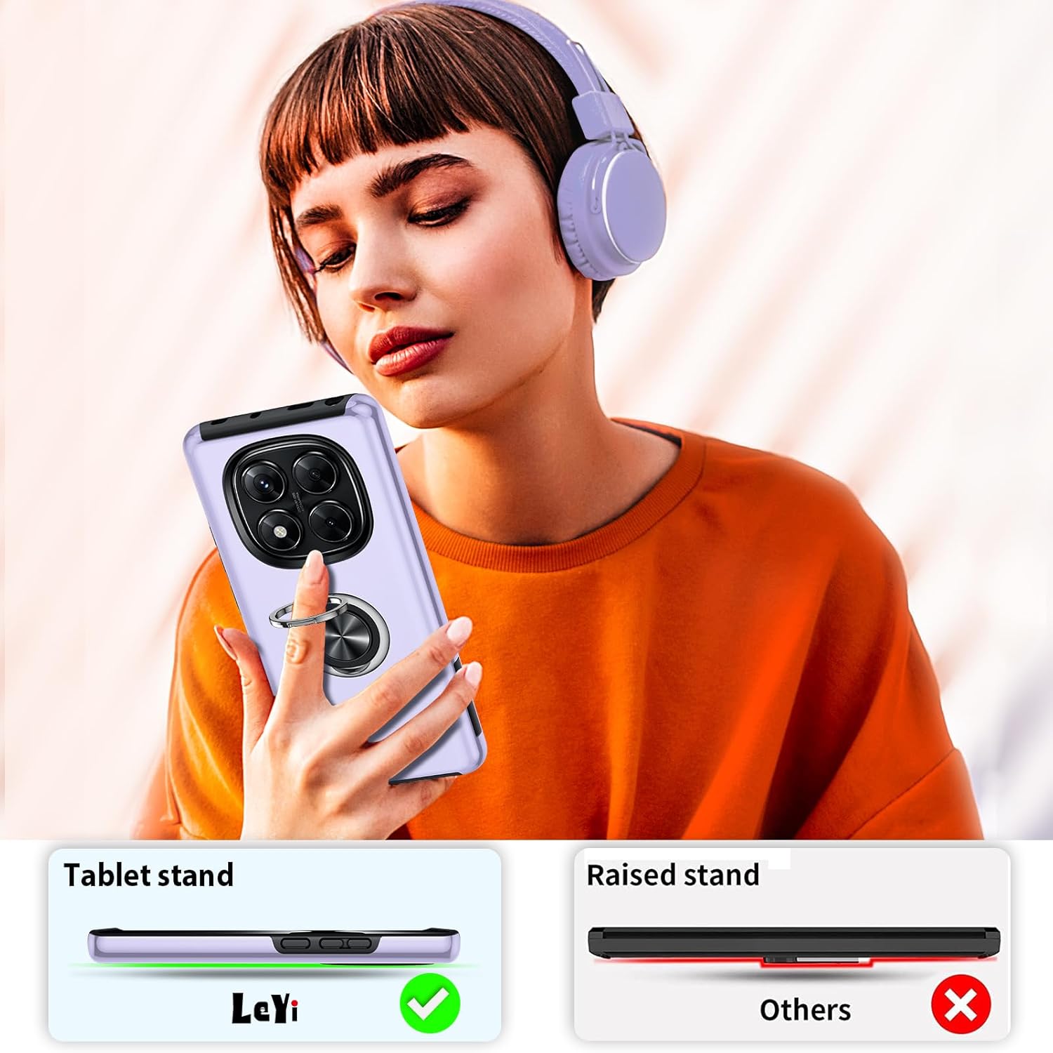 Detalle de Coque LeYi pour Xiaomi Redmi Note 14 Pro 5G/4G et Note 14 Pro Plus 5G – TPU/PC, anneau invisible, protection antichoc, mauve