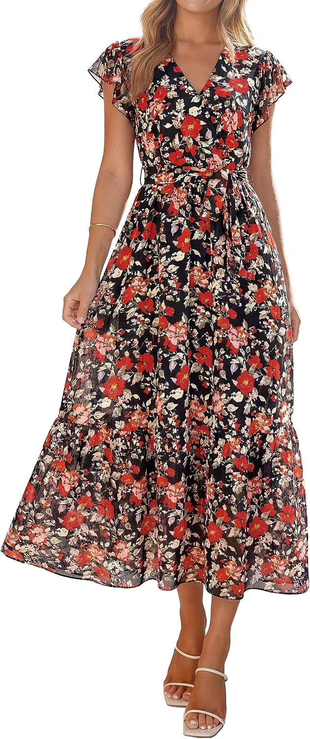 Detalle de PRETTYGARDEN Women's Summer Floral Boho Maxi Dress with Wrap V-Neck