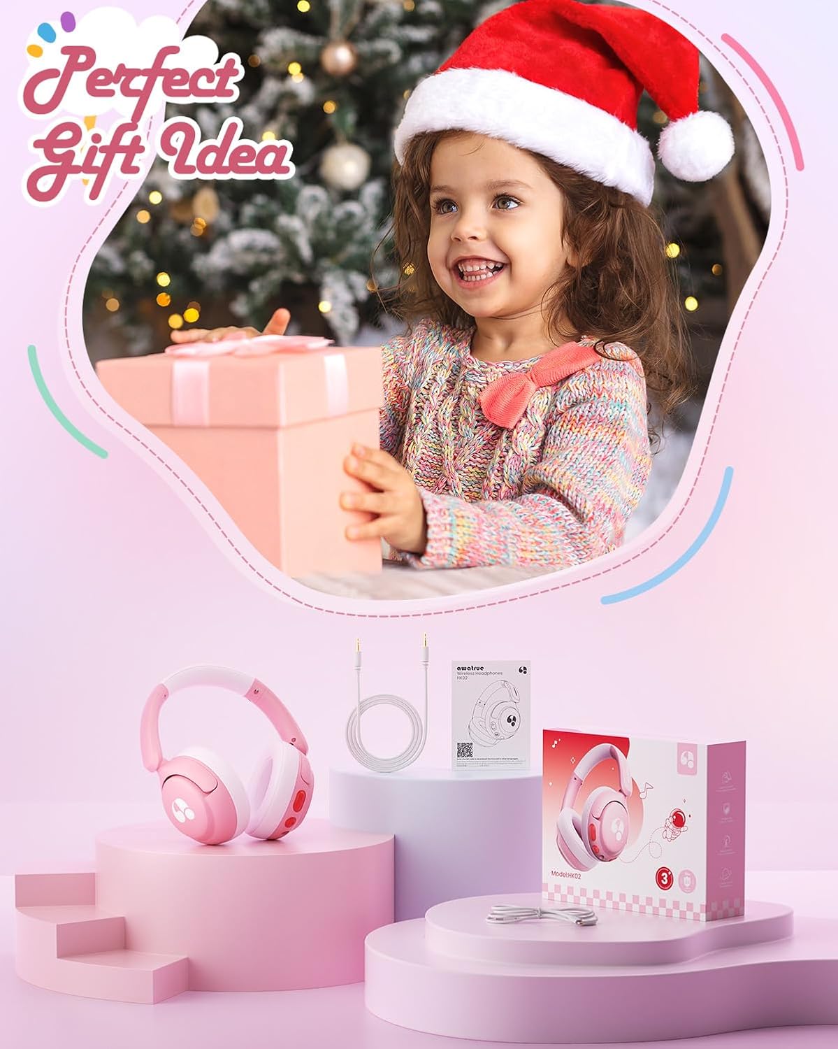 Thumbnail 4 de awatrue Kids Bluetooth Headphones (85dB Volume Limiter) — Foldable Over-Ear Wireless for iPad & Travel, Pink