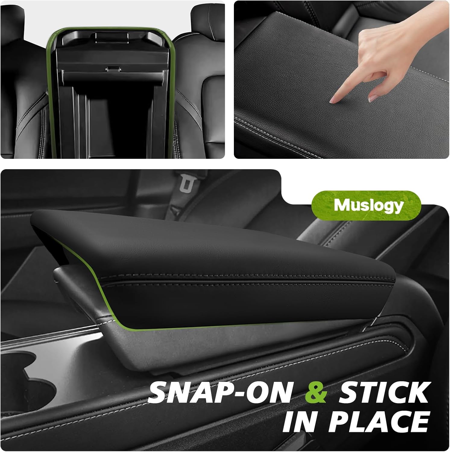 Detalle de Muslogy Center Console Armrest Cover for Tesla Model Y Juniper 2026+ / Model 3 Highland 2024+ (Black Vegan Leather, Snap-On, 4-Layer Design)