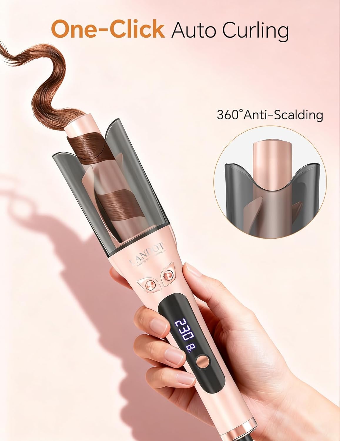 Detalle de LANDOT 25 mm automatischer rotierender Lockenstab in Roségold – Doppelrotation & 8 Temperaturstufen (150–220 °C)
