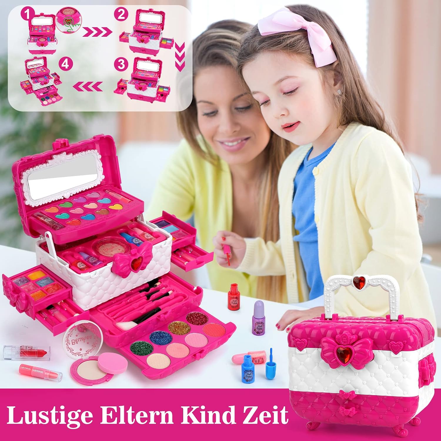 Detalle de Kinderschminke Makeup Set Schminkkoffer für Mädchen – waschbar, abwaschbar & mit 55 Zubehörteilen