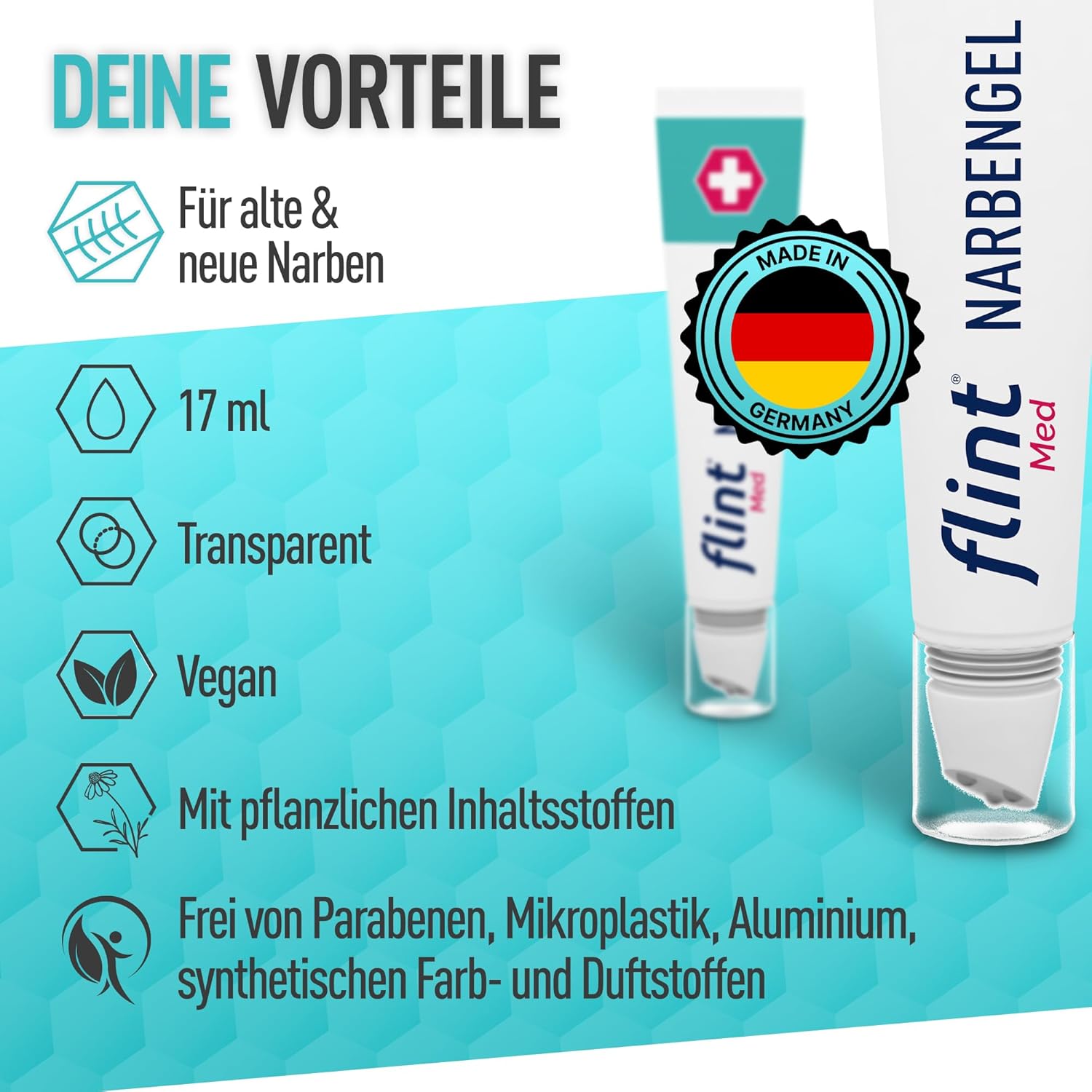 Detalle 2 de flint Med Narbengel – Narbensalbe mit integriertem Narbenroller, 17 ml