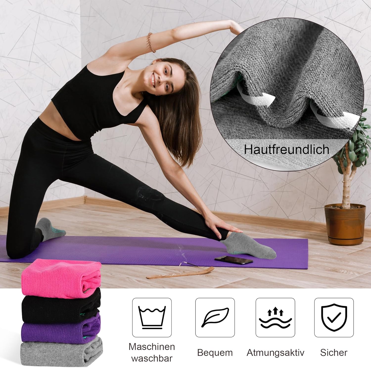 Detalle de Yoga Socken Anti-Rutsch-Socken (4 Paare) für Damen – Vielseitige Griffigkeit für Yoga, Pilates und mehr