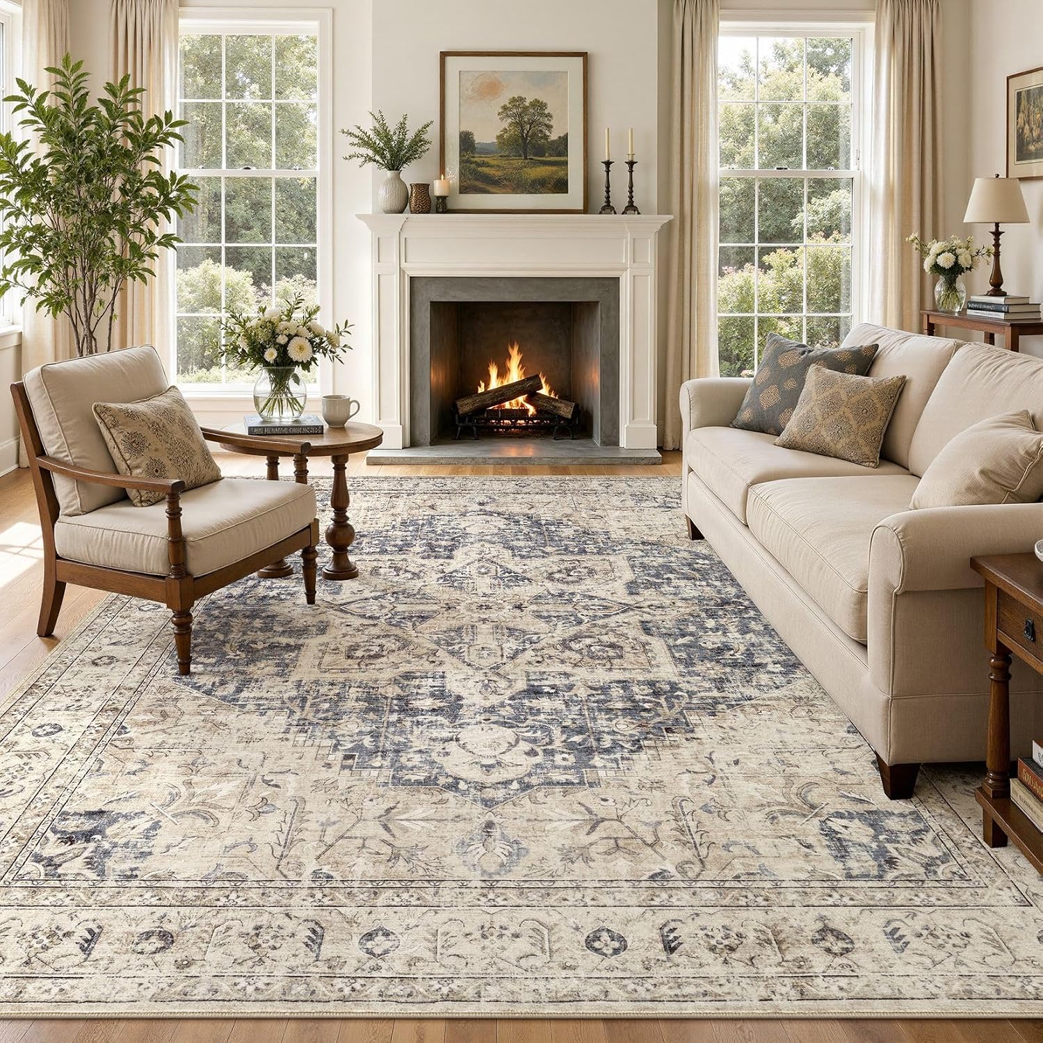 Thumbnail 6 de Tortania Area Rug Living Room Rugs 10x14 Washable Boho Rug (Cream Blue)