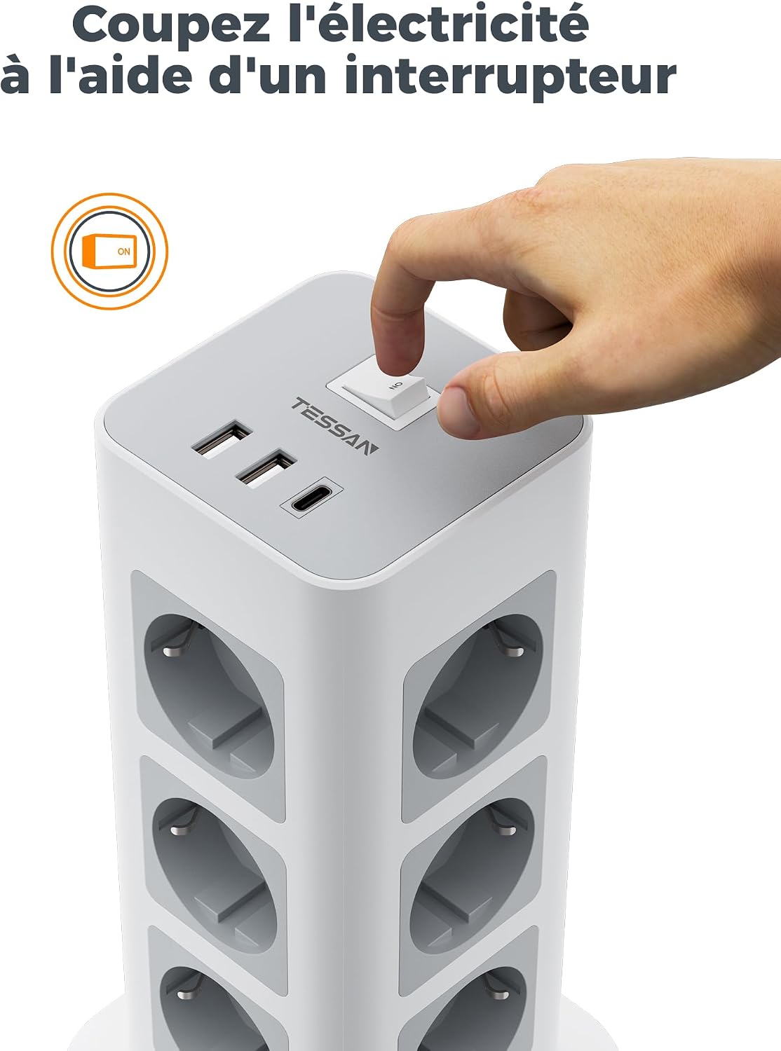 Detalle 2 de TESSAN TPS04-DE-C stekkerdoos met overspanningsbeveiliging, 12 stopcontacten en 3 USB-poorten