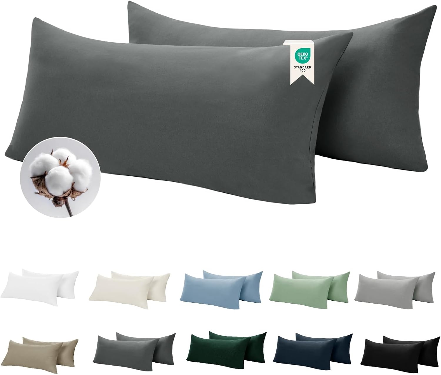 Detalle de BEDELITE Kissenbezug 40 x 80 cm Baumwolle Grau – 2er Set, extra langer Reißverschluss, OEKO-TEX