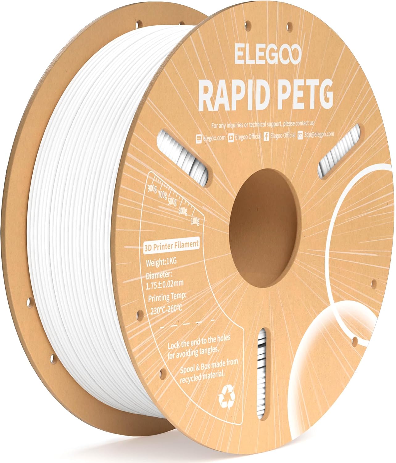 Detalle de ELEGOO Rapid PETG Filament 1,75 mm Weiß – 1 kg, Hochgeschwindigkeits-Option für die meisten 3D-Drucker
