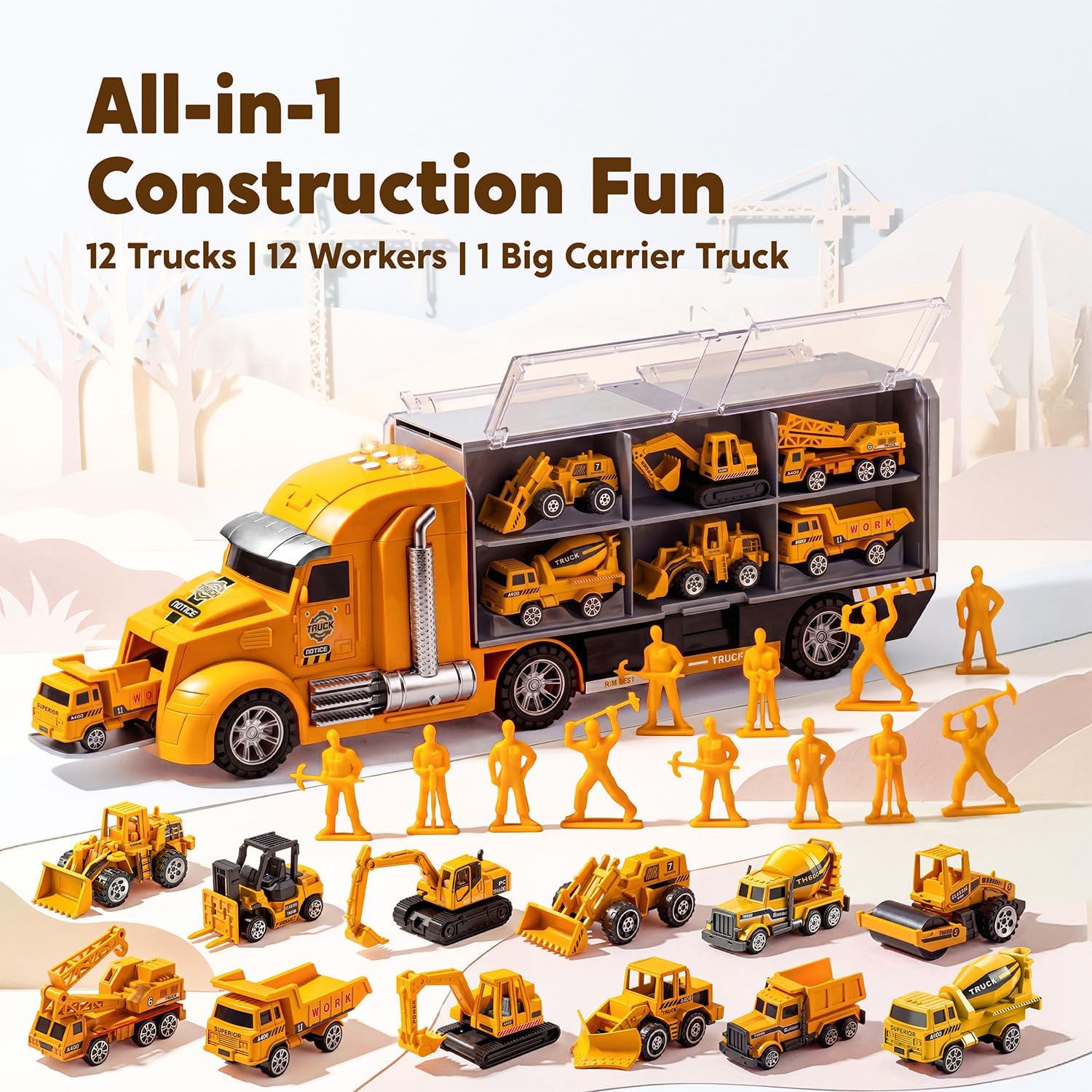 Thumbnail 1 de JOYIN 25 in 1 Construction Truck Vehicle Toy Set with Sounds & Lights (mini digger, dumper & carrier truck)