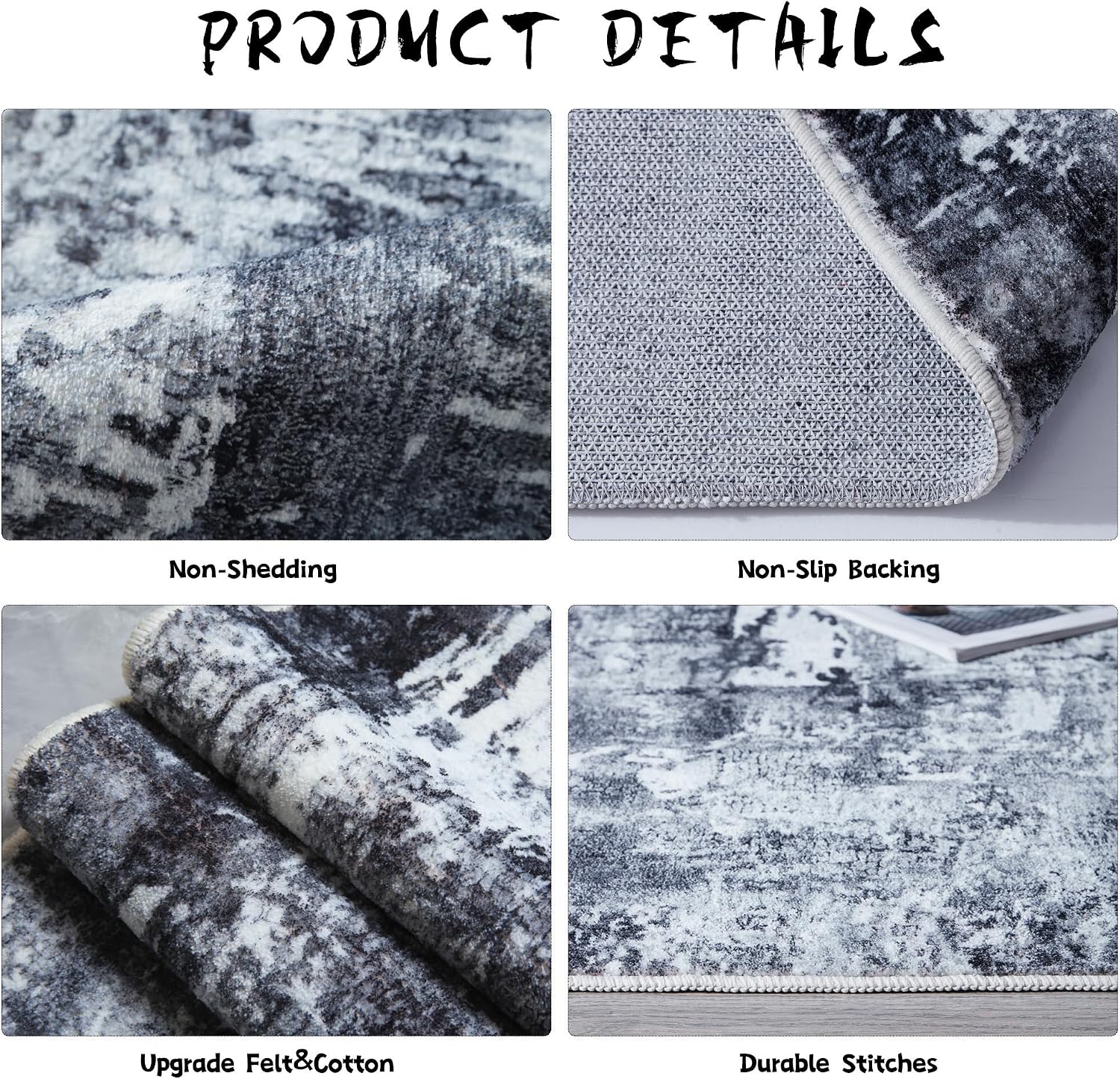 Detalle 2 de Rugcomf 8x10 Area Rug – Washable Boho Faux Wool, Non-Slip Backing, 0.35" Plush Yet Low-Pile (Grey & Black)