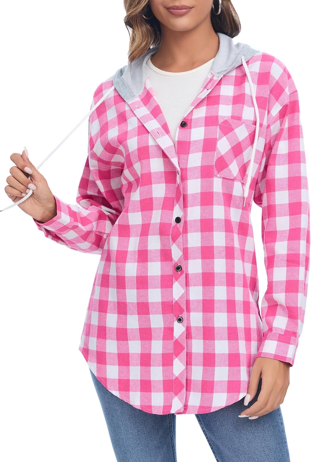 Thumbnail 4 de Damen Oversize Flanellhemd Hoodie von Jhsnjnr mit Karo-Muster und Knopfleiste