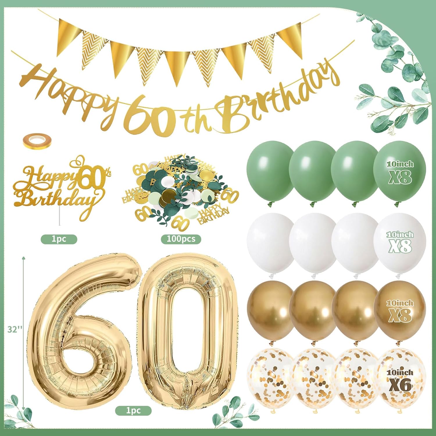 Detalle de Saga Green 60th Birthday Decorations Set – Sage Green, White & Gold Party Kit
