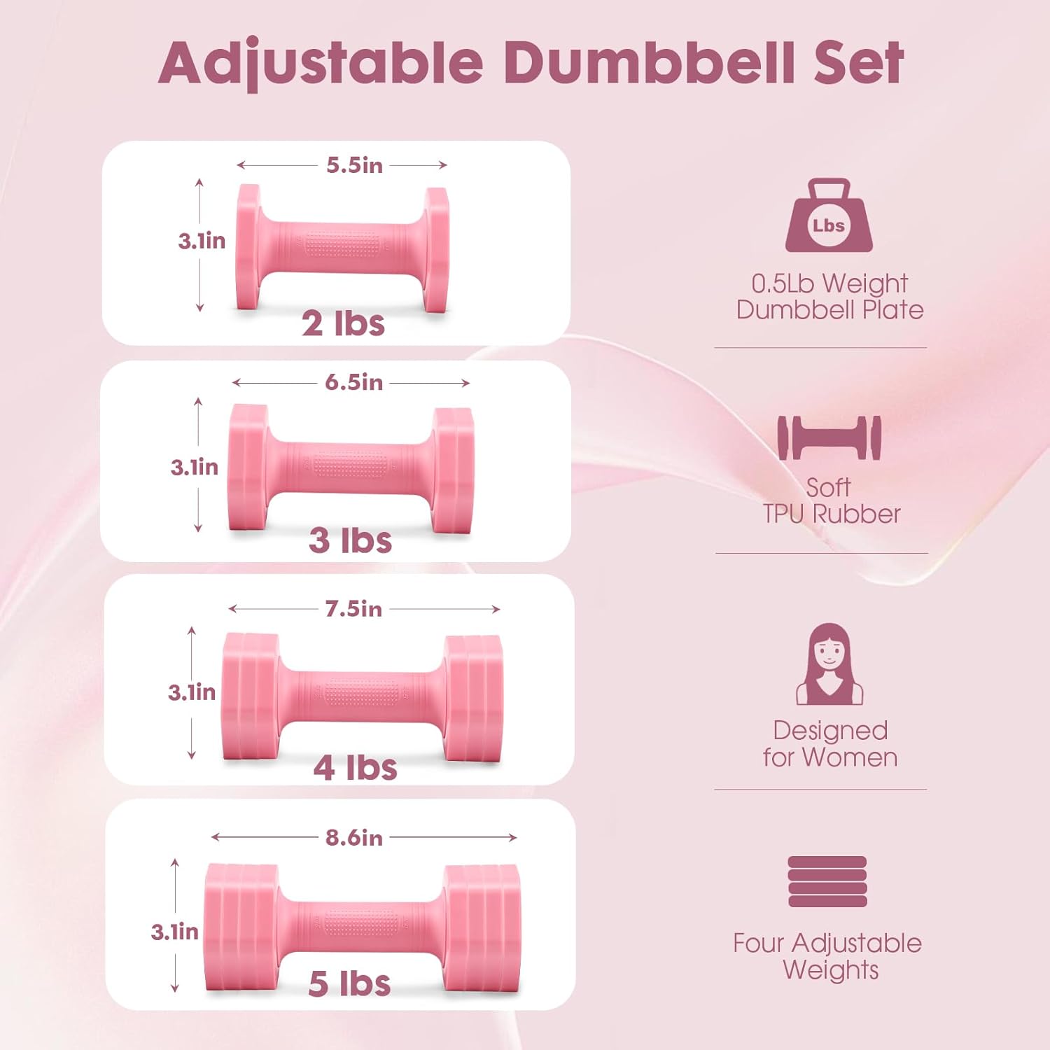 Thumbnail 3 de EQUIPRO Adjustable Dumbbell Set (4 in 1) — 2 lb to 5 lb Women’s Home Weights with TPU Soft Rubber Handle