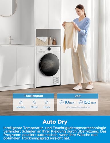 Detalle de Midea MD20EH100WB-A3 Wärmepumpentrockner – 10 kg, A+++, UV Hygiene, Knitterschutz, Woolcare, Auto Dry, Fernsteuerung
