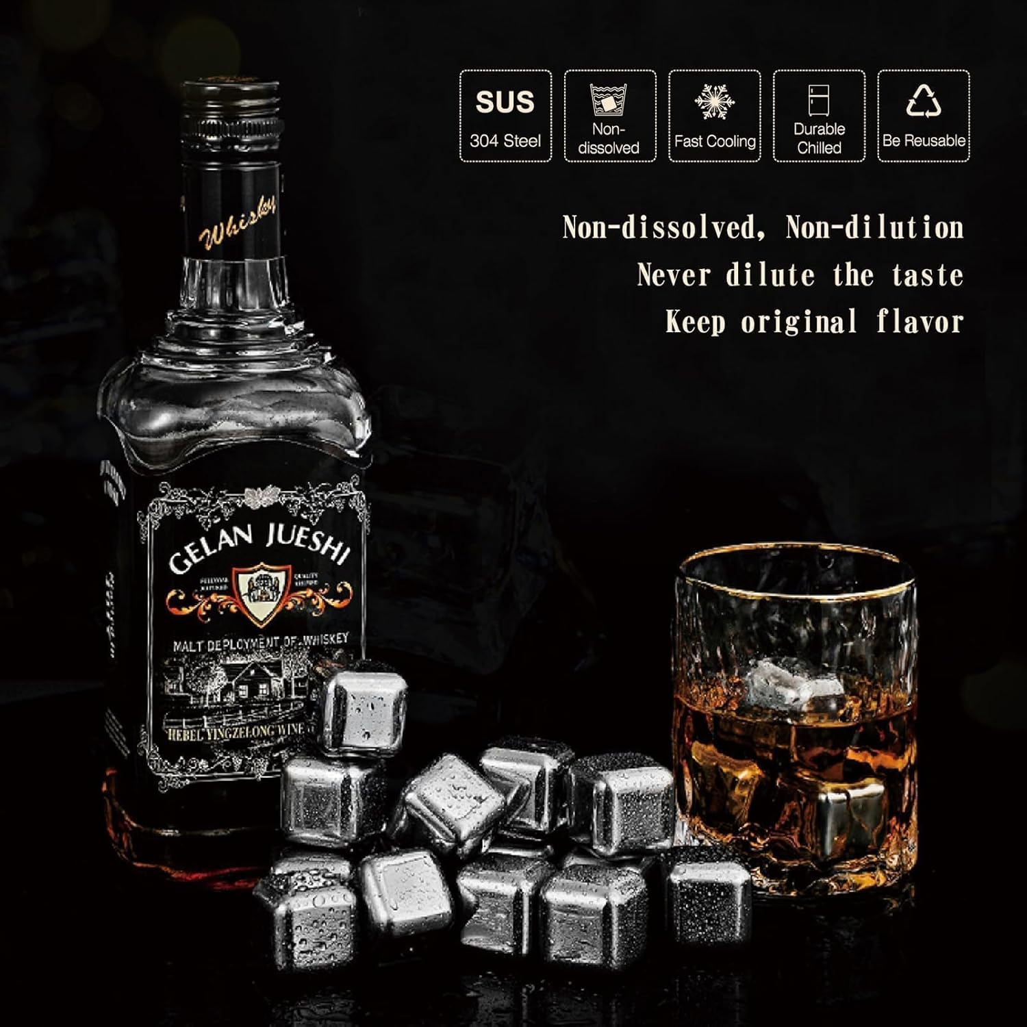 Detalle 2 de Whisky-Steine aus Edelstahl – Wiederverwendbares 8er-Set mit Zange, Untersetzer und Aufbewahrungsbox