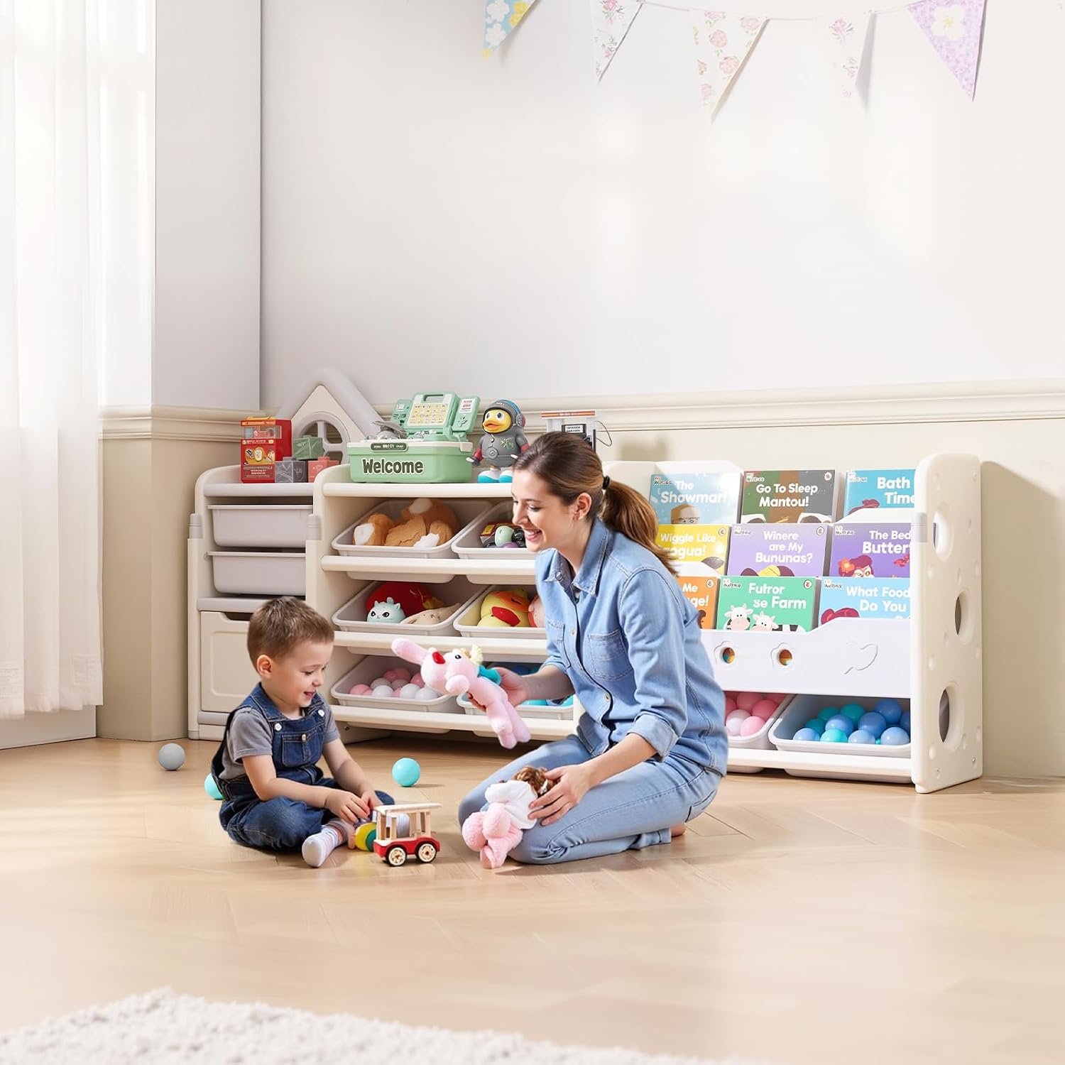 Thumbnail 1 de VEVOR Meuble de Rangement Jouets Enfant à 4 Niveaux avec Bibliothèque et 10 bacs amovibles – Gris et Beige