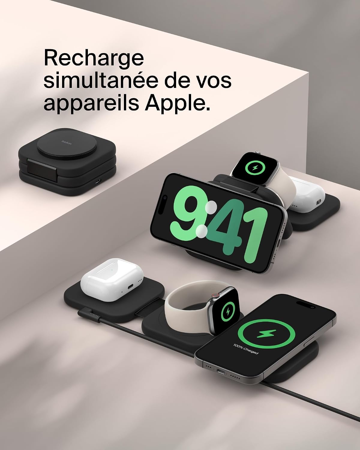 Detalle 2 de Belkin BoostCharge Pro Station de Recharge aimantée 3-en-1 – Charge rapide et portable pour iPhone, Apple Watch et AirPods