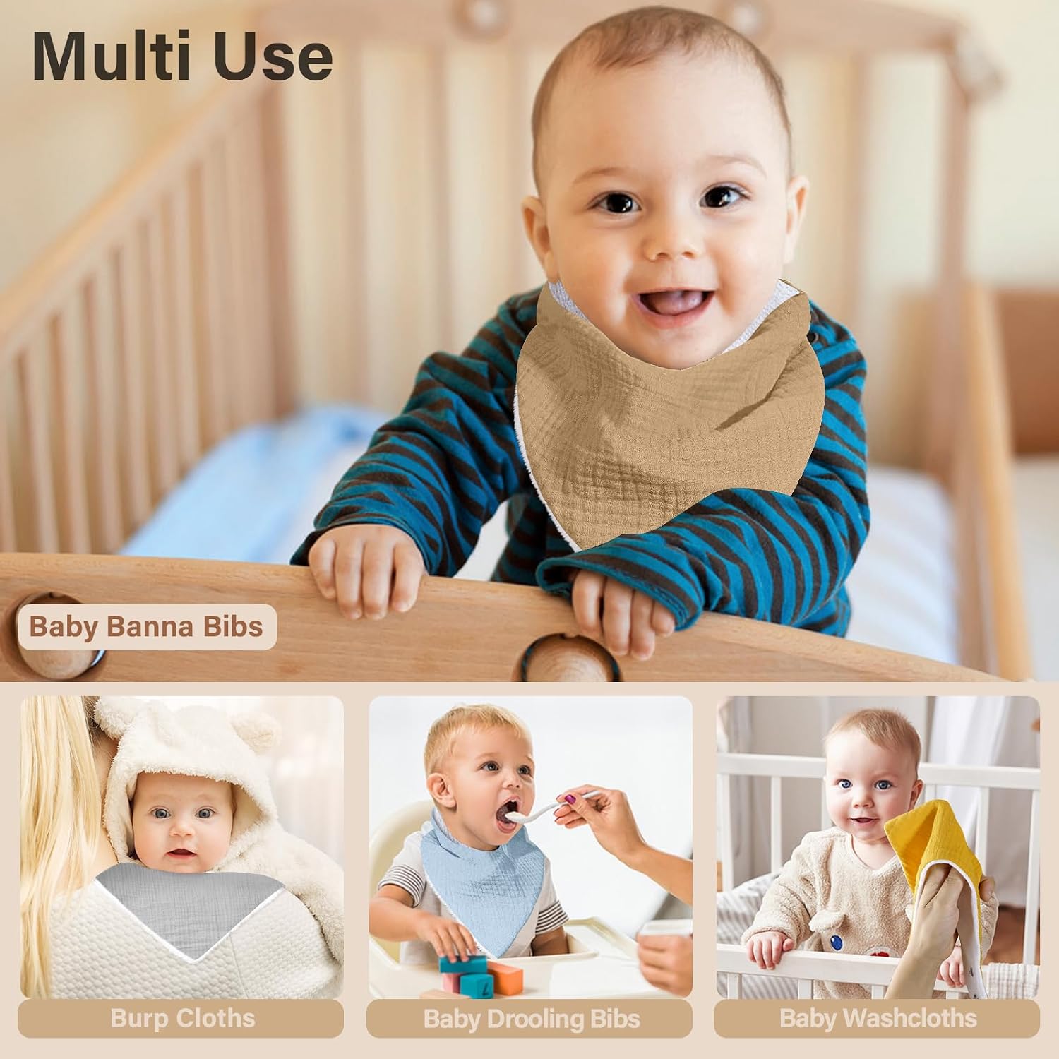 Thumbnail 5 de NISXABEBE Muslin Baby Bibs 6 Pack – Adjustable Dribble Bandana Bibs, Soft Cotton Muslin with Snap Closures