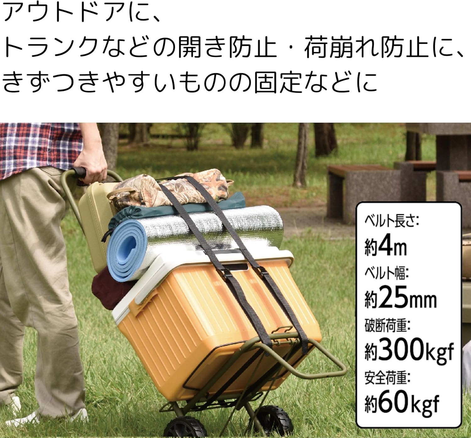 Detalle de 高儀 TAKAGI 荷締めベルト 4m カモフラージュ・幅25mm・メタルバックル