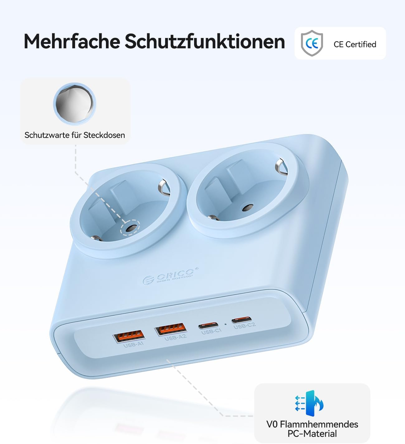 Detalle 2 de ORICO 25W GaN Mehrfachsteckdose 6-in-1 Blau – 2x AC, 2x USB-A, 2x USB-C PD, 1,6 m Kabel