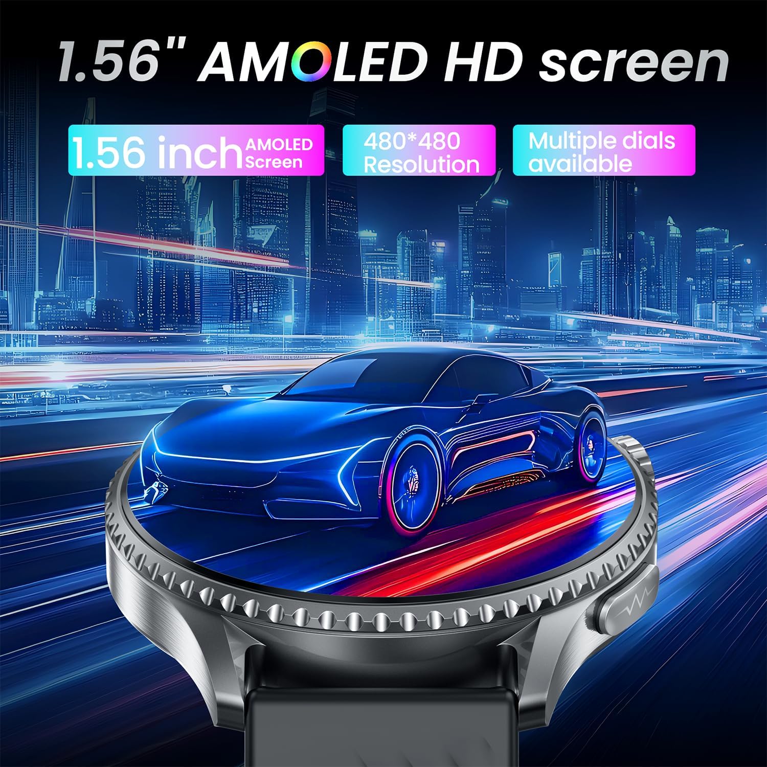 Detalle de Montre Connectée Homme Sport – Écran AMOLED 1,56'' avec ECG, Bluetooth 5.3 et Suivi Santé Pro (HRV, Glycémie estimée, sommeil)