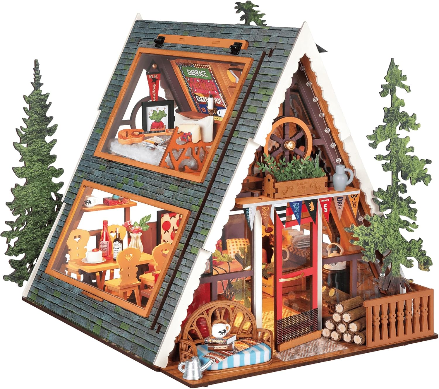 Detalle de Rolife Maison de Poupée Cabane A-Frame – Kit miniature bois, lumière LED et ambiance forestière