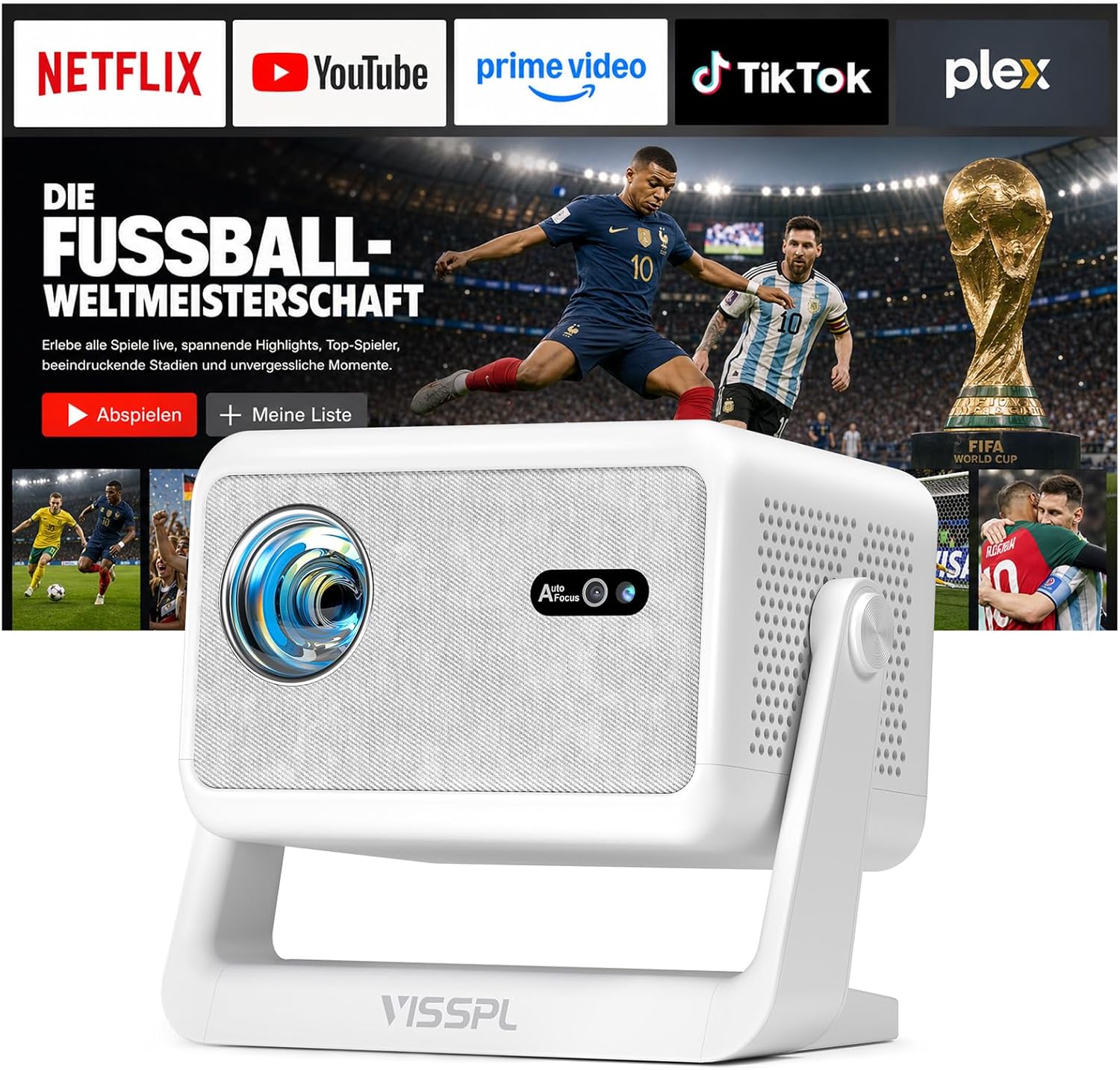 Detalle de VISSPL Smart Mini Beamer 4K H86 – Tragbarer 4K Heimkino-Projektor mit AutoFocus, Trapezkorrektur und KI-Unterstützung